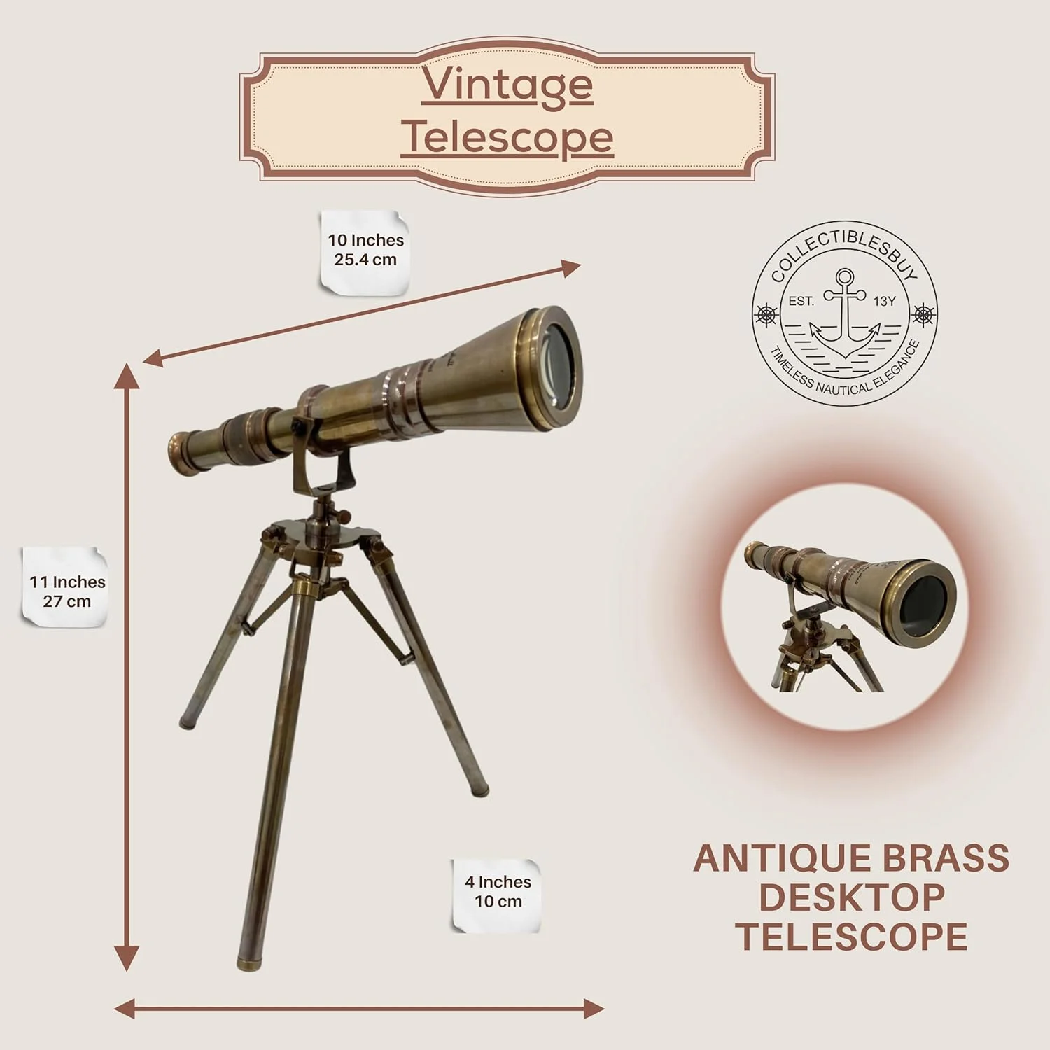 تلسکوپ رومیزی تک لوله ای برنجی عتیقه دست ساز، کلکسیونی دریایی، دکوراسیون دریایی، ظاهری سلطنتی برای نمایش در خانه و دفتر