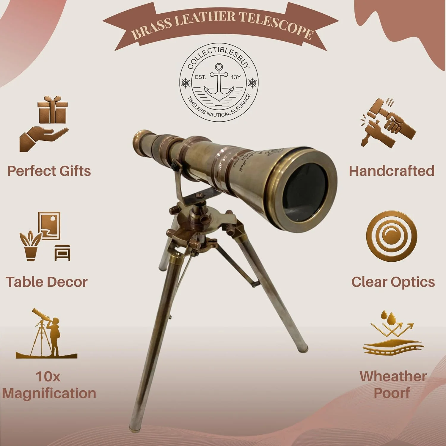 تلسکوپ رومیزی تک لوله ای برنجی عتیقه دست ساز، کلکسیونی دریایی، دکوراسیون دریایی، ظاهری سلطنتی برای نمایش در خانه و دفتر