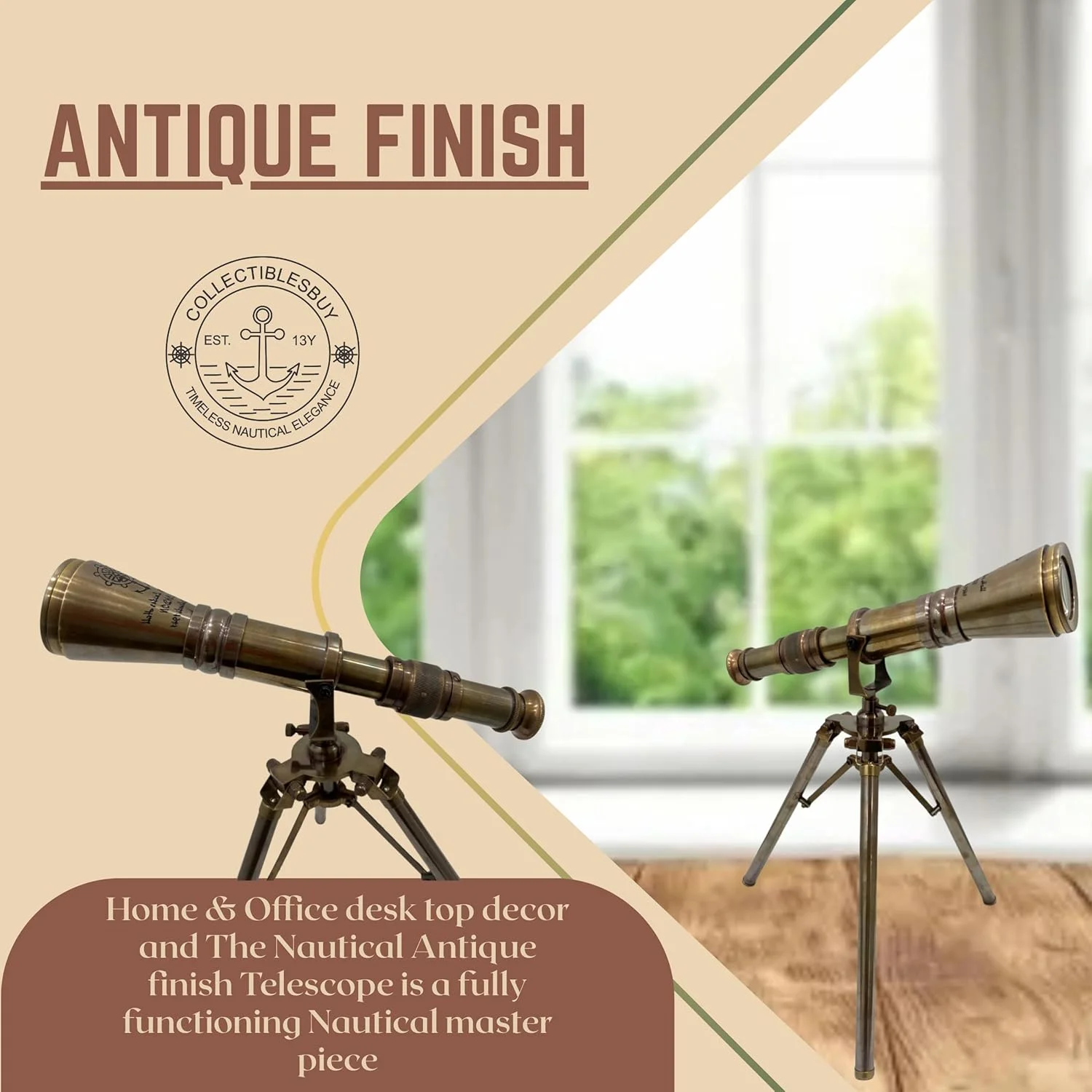 تلسکوپ رومیزی تک لوله ای برنجی عتیقه دست ساز، کلکسیونی دریایی، دکوراسیون دریایی، ظاهری سلطنتی برای نمایش در خانه و دفتر