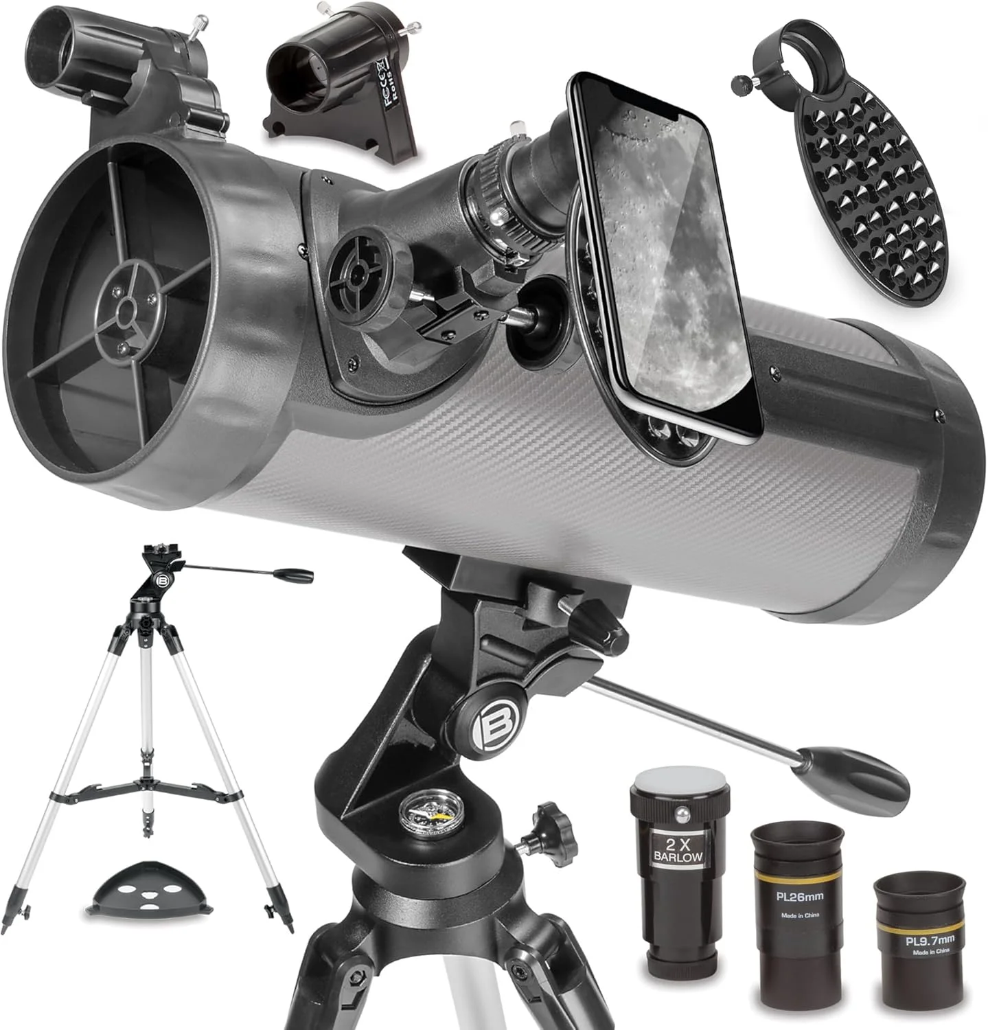 تلسکوپ بازتابی 114 میلی‌متری نشنال جئوگرافیک به همراه چشمی‌ها، پایه و آداپتور تلفن هوشمند برای نجوم و عکاسی نجومی