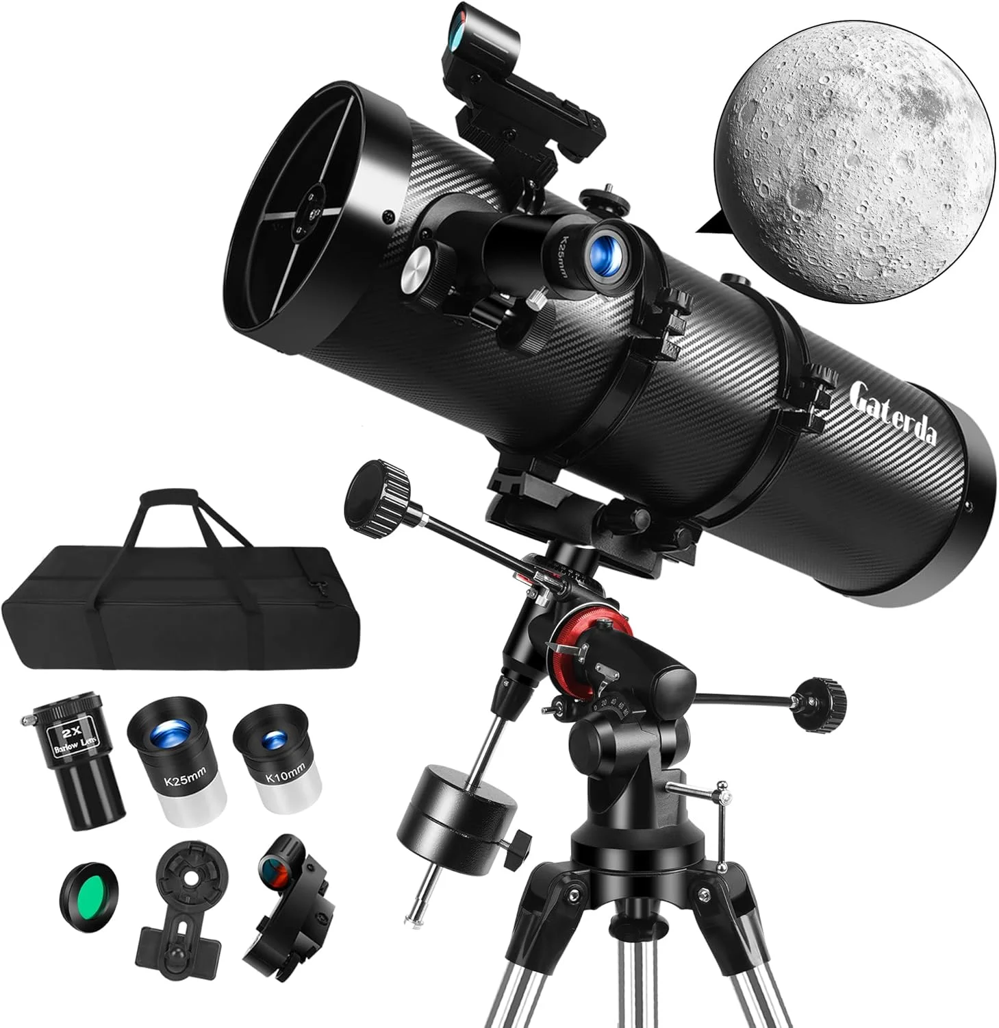 تلسکوپ 150EQ برای بزرگسالان، تلسکوپ نیوتونی بازتابی حرفه ای با کیف حمل قابل حمل، پایه استوایی آلمانی دستی، آداپتور تلفن