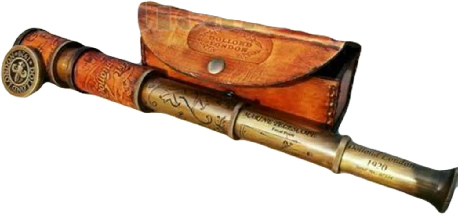 تلسکوپ برنجی عتیقه دریایی دریانوردی چرمی دزد دریایی