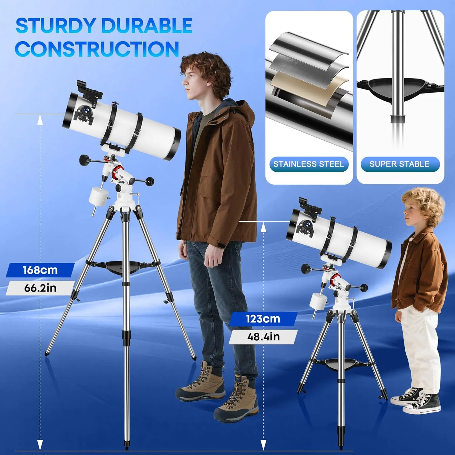 تلسکوپ نجومی حرفه ای 150EQ برای بزرگسالان، تلسکوپ بازتابی استوایی دستی برای مبتدیان. همراه با آداپتور تلفن، سه پایه استیل ضد زنگ، فیلتر و کیف حمل