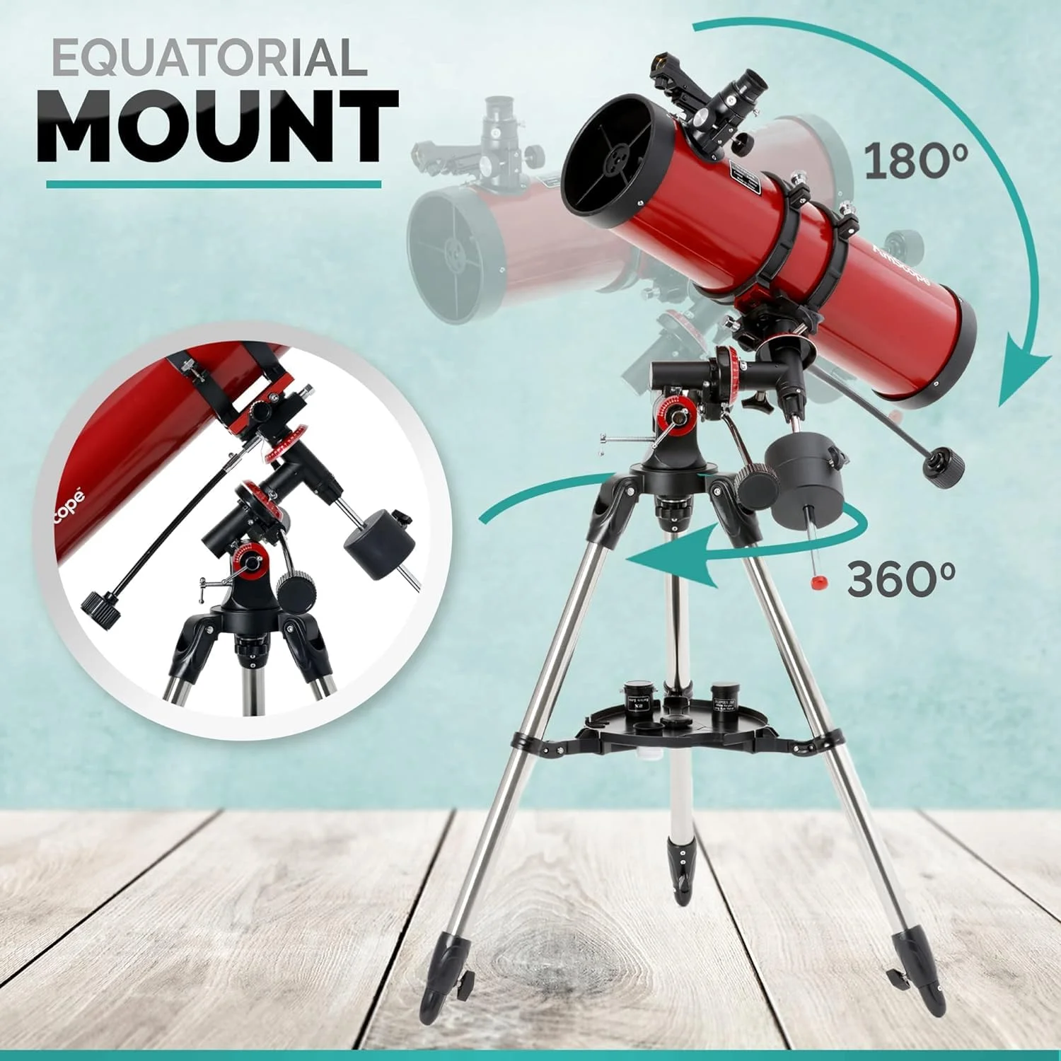 تلسکوپ بازتابی EQ آم اسکوپ با پایه استوایی، دیافراگم 130 میلی‌متری، فاصله کانونی 650 میلی‌متری، سه‌پایه استیل ضد زنگ و یابنده نقطه قرمز