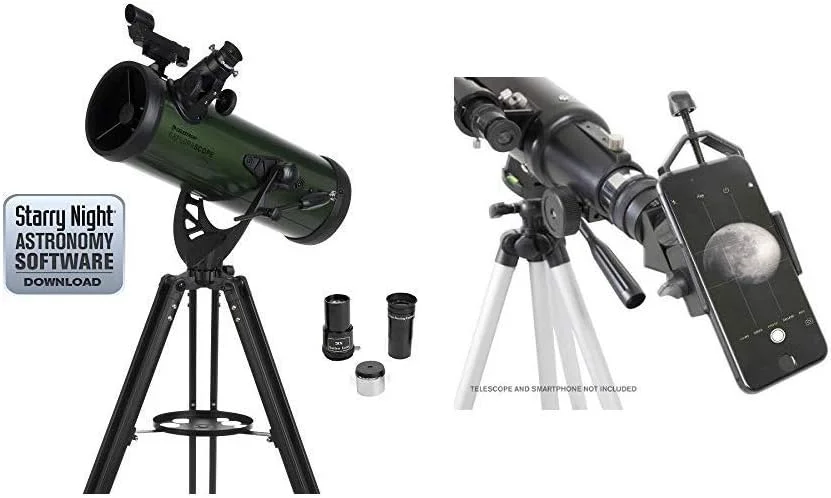 تلسکوپ بازتابی 114AZ سلسترون ExploraScope 22103 به همراه آداپتور تلفن هوشمند پایه 1.25 اینچی سلسترون 81035، لحظات اکتشاف خود را ثبت کنید، مشکی