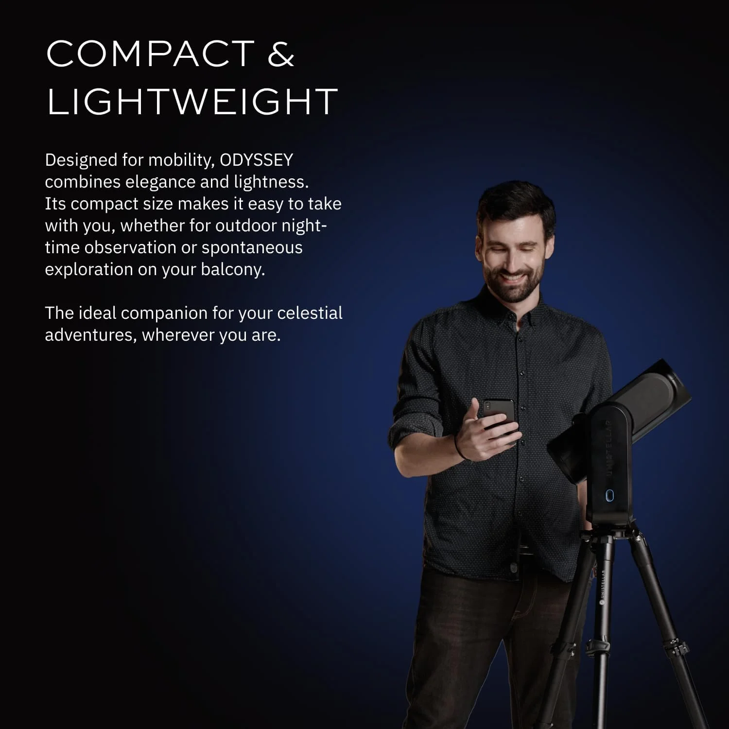 Odyssey - تلسکوپ هوشمند UNISTELLAR (بدون چشمی)، 85 میلی‌متر f/3.9 (320 میلی‌متر) دیجیتال و کامپیوتری، کنترل‌شده با اپلیکیشن، موتورایز Alt-Az، دید پیشرفته، خروجی RAW/FITS، 64 گیگابایت، سه‌پایه، باتری 5 ساعته (مشکی)