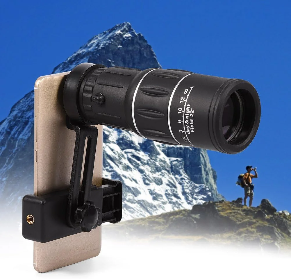 تلسکوپ تک چشمی زوم 16X ضد مه برای پیاده روی، مناسب دوربین گوشی های هوشمند به همراه نگهدارنده تلفن، برای مسافرت و کمپینگ