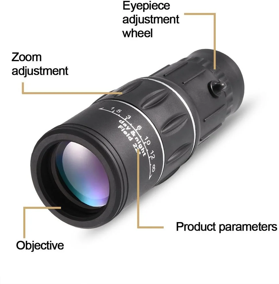 تلسکوپ تک چشمی زوم 16X ضد مه برای پیاده روی، مناسب دوربین گوشی های هوشمند به همراه نگهدارنده تلفن، برای مسافرت و کمپینگ
