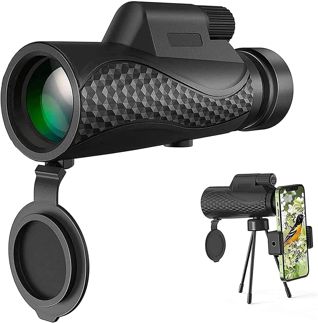 تلسکوپ تک چشمی 12X42 با قدرت بالا به همراه آداپتور تلفن و سه پایه مناسب برای تماشای پرندگان، مسافرت، کنسرت و مسابقات ورزشی (مشکی)