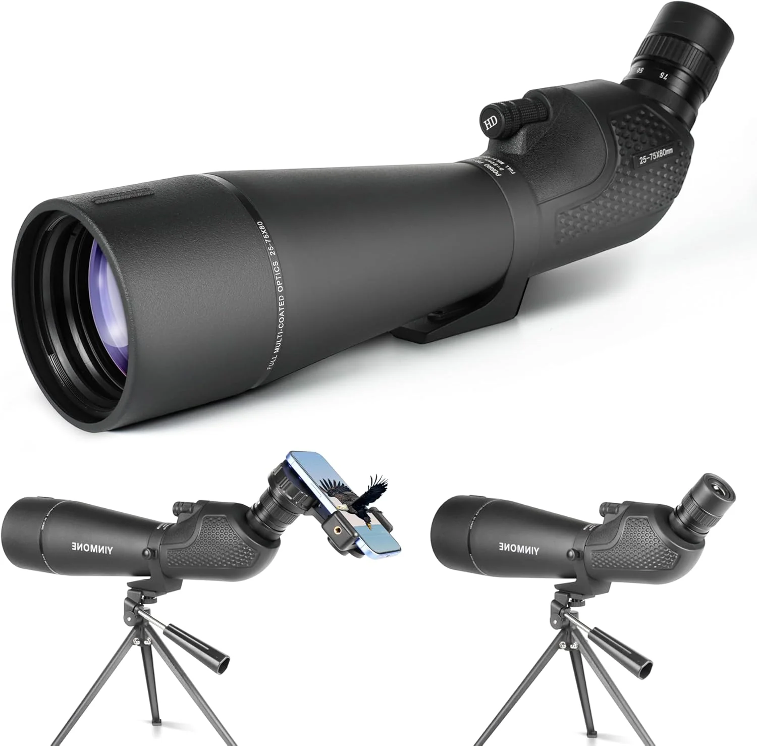 تلسکوپ دیدبانی 25-75x80، تک چشمی ضدآب IP54 با منشور BAK4 و فوکوس سریع برای تماشای پرندگان، شکار و ستاره‌نگاری