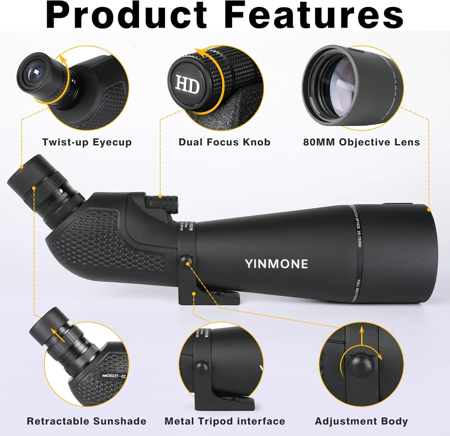 تلسکوپ دیدبانی 25-75x80، تک چشمی ضدآب IP54 با منشور BAK4 و فوکوس سریع برای تماشای پرندگان، شکار و ستاره‌نگاری