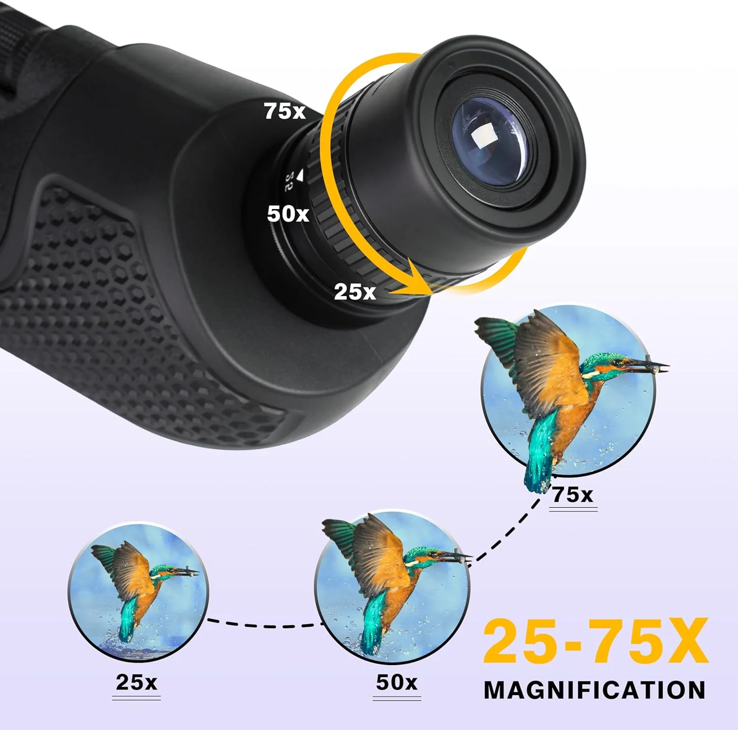 تلسکوپ دیدبانی 25-75x80، تک چشمی ضدآب IP54 با منشور BAK4 و فوکوس سریع برای تماشای پرندگان، شکار و ستاره‌نگاری