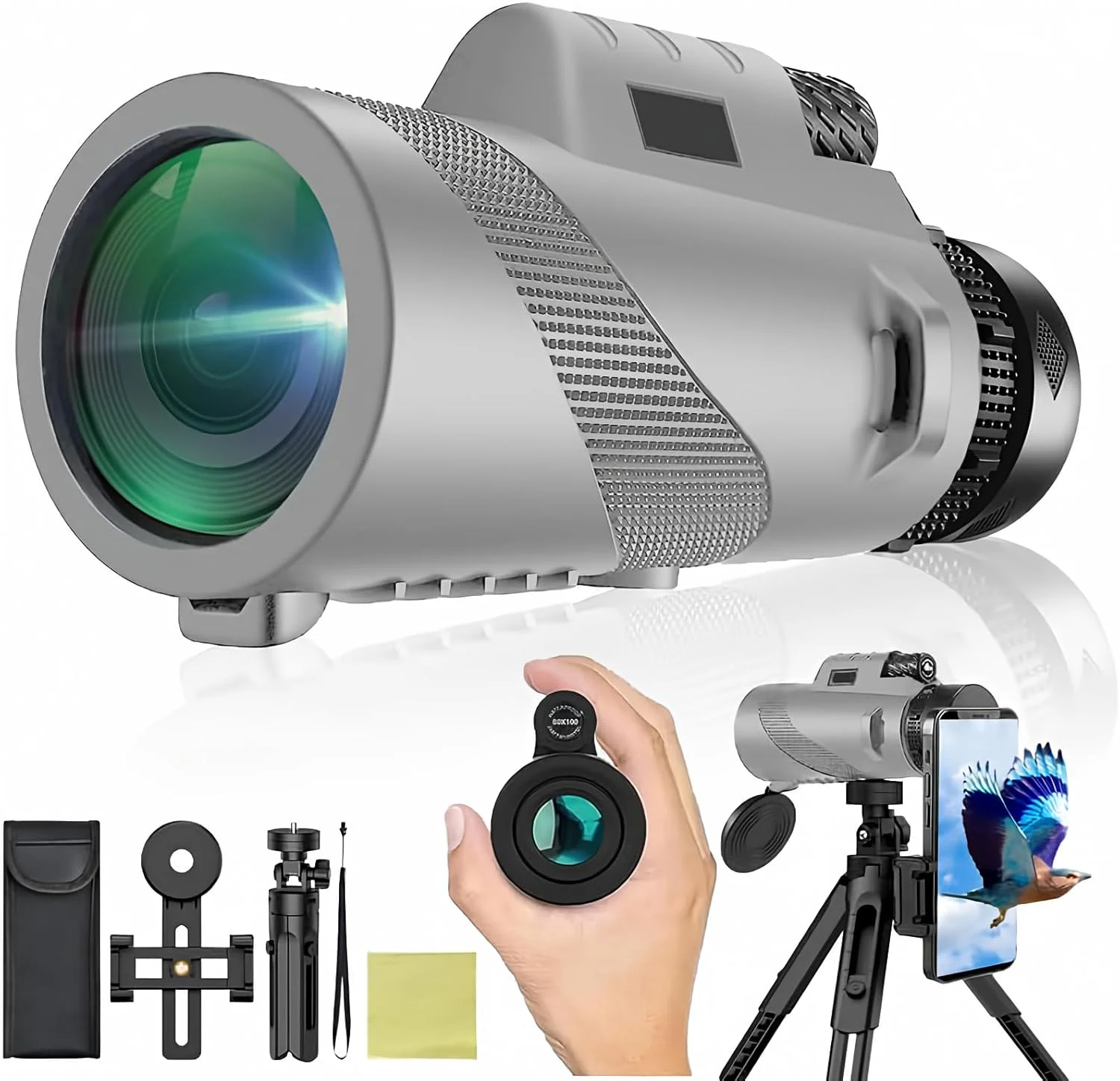 تلسکوپ تک چشمی 80x100 برای بزرگسالان، قدرت بالا با آداپتور تلفن هوشمند، HD فشرده، منشور BAK-4، خاکستری
