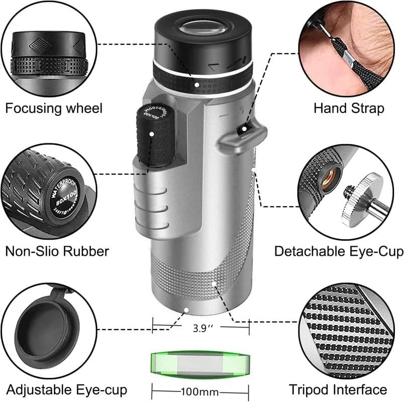 تلسکوپ تک چشمی 80x100 برای بزرگسالان، قدرت بالا با آداپتور تلفن هوشمند، HD فشرده، منشور BAK-4، خاکستری