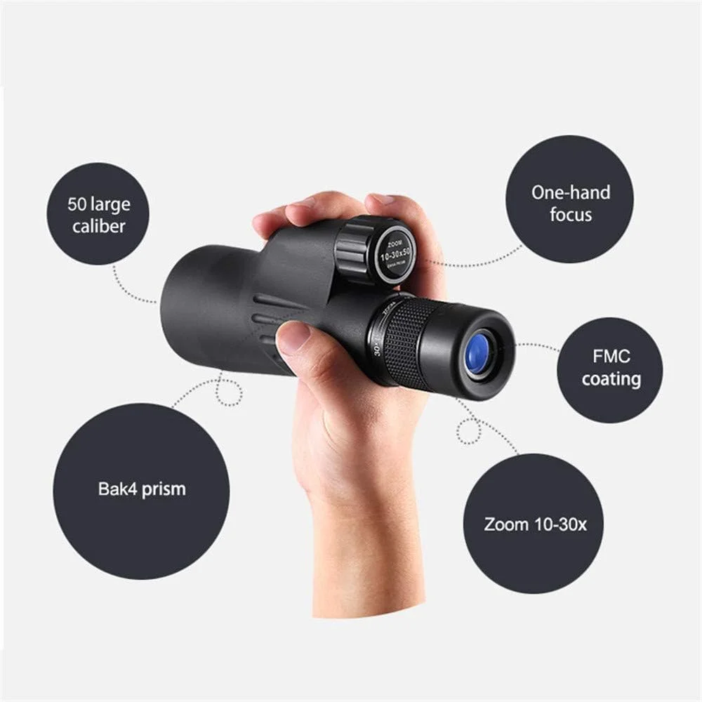 تلسکوپ تک چشمی 10X30 با قدرت بالا و کیفیت HD به همراه نگهدارنده تلفن هوشمند، ضد آب و ضد مه برای تماشای پرندگان، کمپینگ و پیاده روی