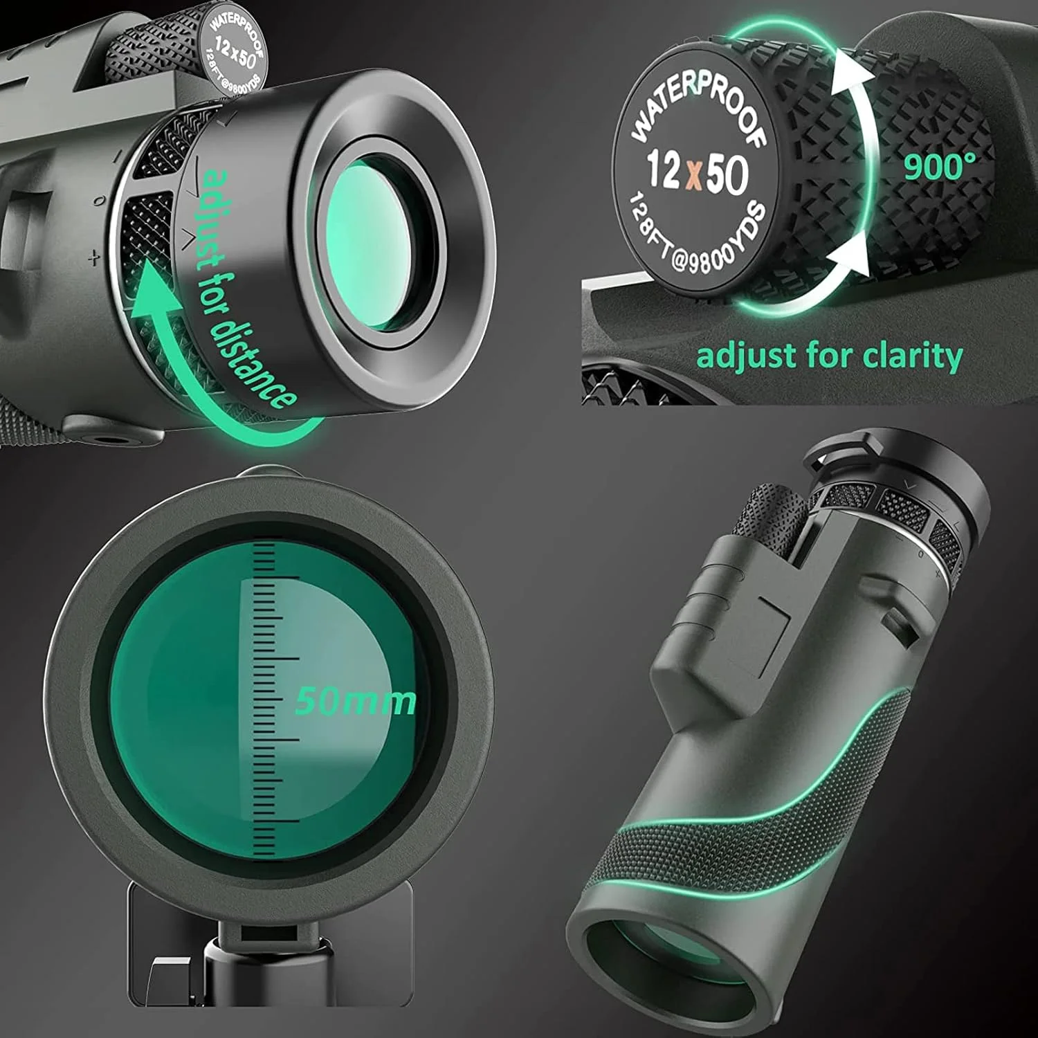 تلسکوپ تک چشمی 12×50 HD، به همراه آداپتور تلفن هوشمند و سه پایه فلزی، تک چشمی فشرده ضد آب با قدرت بالا مناسب بزرگسالان و کودکان، تماشای پرندگان، شکار، مسافرت، ستاره‌نگاری