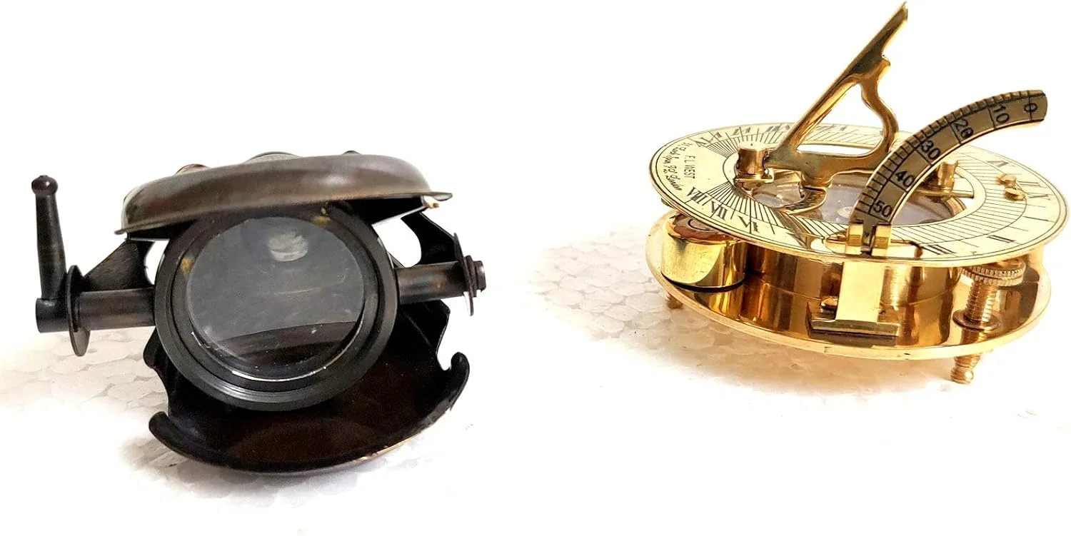 تلسکوپ مسافرتی برنجی جامد عتیقه مشکی و طلایی 3 اینچی با قطب نمای صندل برنجی