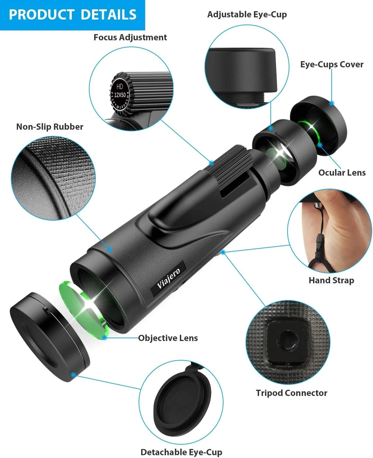 تلسکوپ تک چشمی 12X50 Viajero، تلسکوپ تک چشمی قدرتمند با نگهدارنده تلفن هوشمند و سه پایه، تلسکوپ زوم ضد آب، منشور BAK4 با فوکوس دوگانه برای تماشا پرندگان و شکار