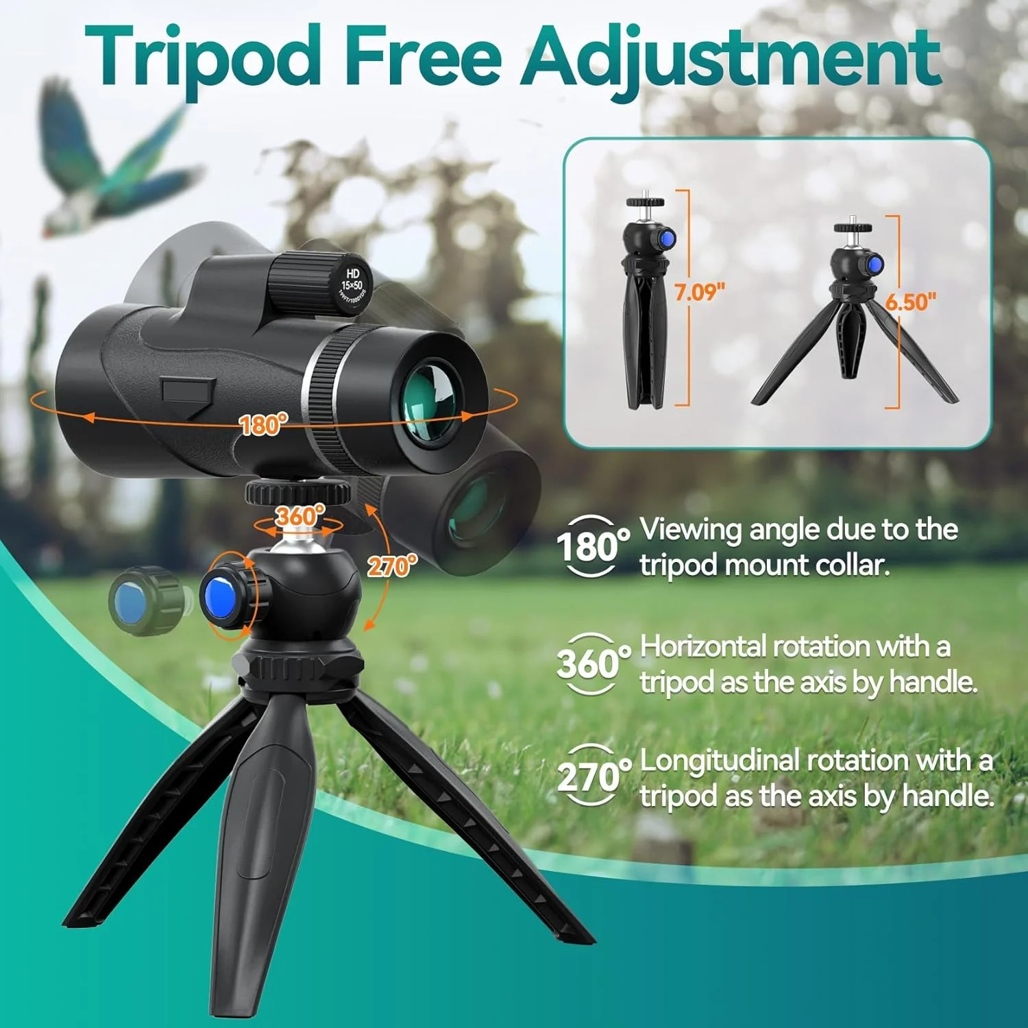 تک چشمی 15x50 HD برای بزرگسالان، قدرت بالا با آداپتور تلفن و سه پایه، تک چشمی جمع و جور با منشور BAK4 و لنز FMC، مناسب برای شکار، تماشای پرندگان، پیاده روی و مسافرت
