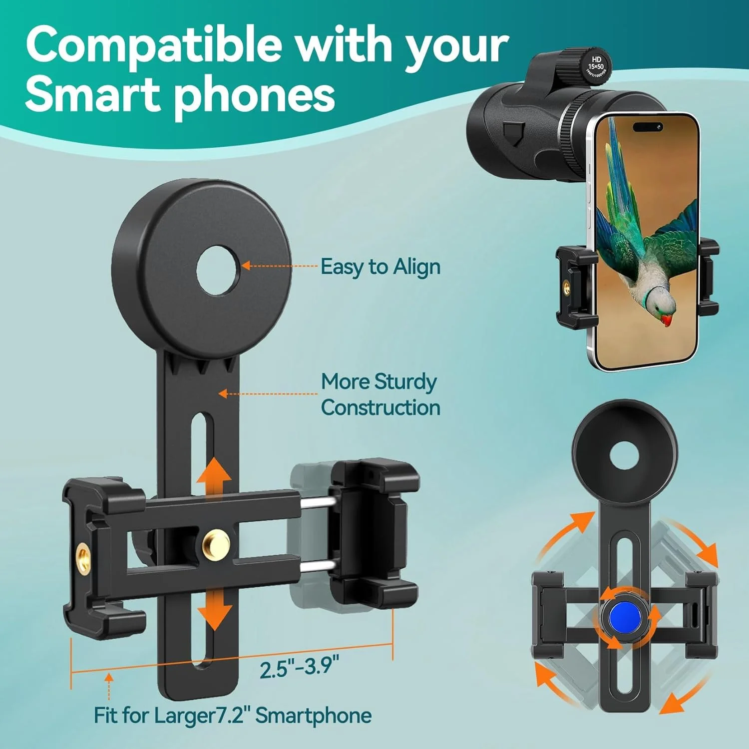تک چشمی 15x50 HD برای بزرگسالان، قدرت بالا با آداپتور تلفن و سه پایه، تک چشمی جمع و جور با منشور BAK4 و لنز FMC، مناسب برای شکار، تماشای پرندگان، پیاده روی و مسافرت