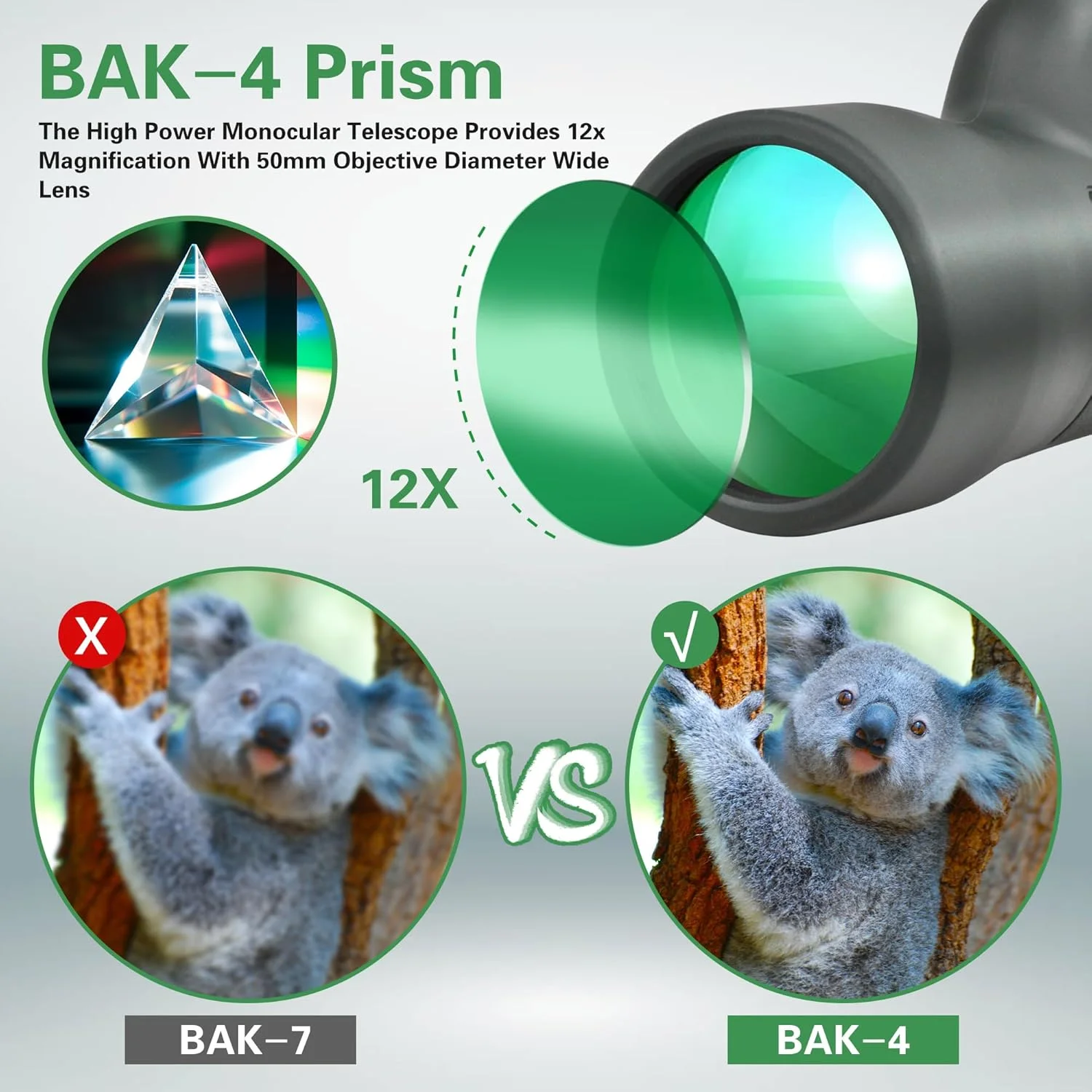 تلسکوپ تک چشمی 12x50 HD با منشور BAK-4 با قدرت بالا برای بزرگسالان، مناسب هدیه، فعالیت های خارج از منزل، تماشای پرندگان، پیاده روی، کنسرت، مسافرت، شکار و کمپینگ