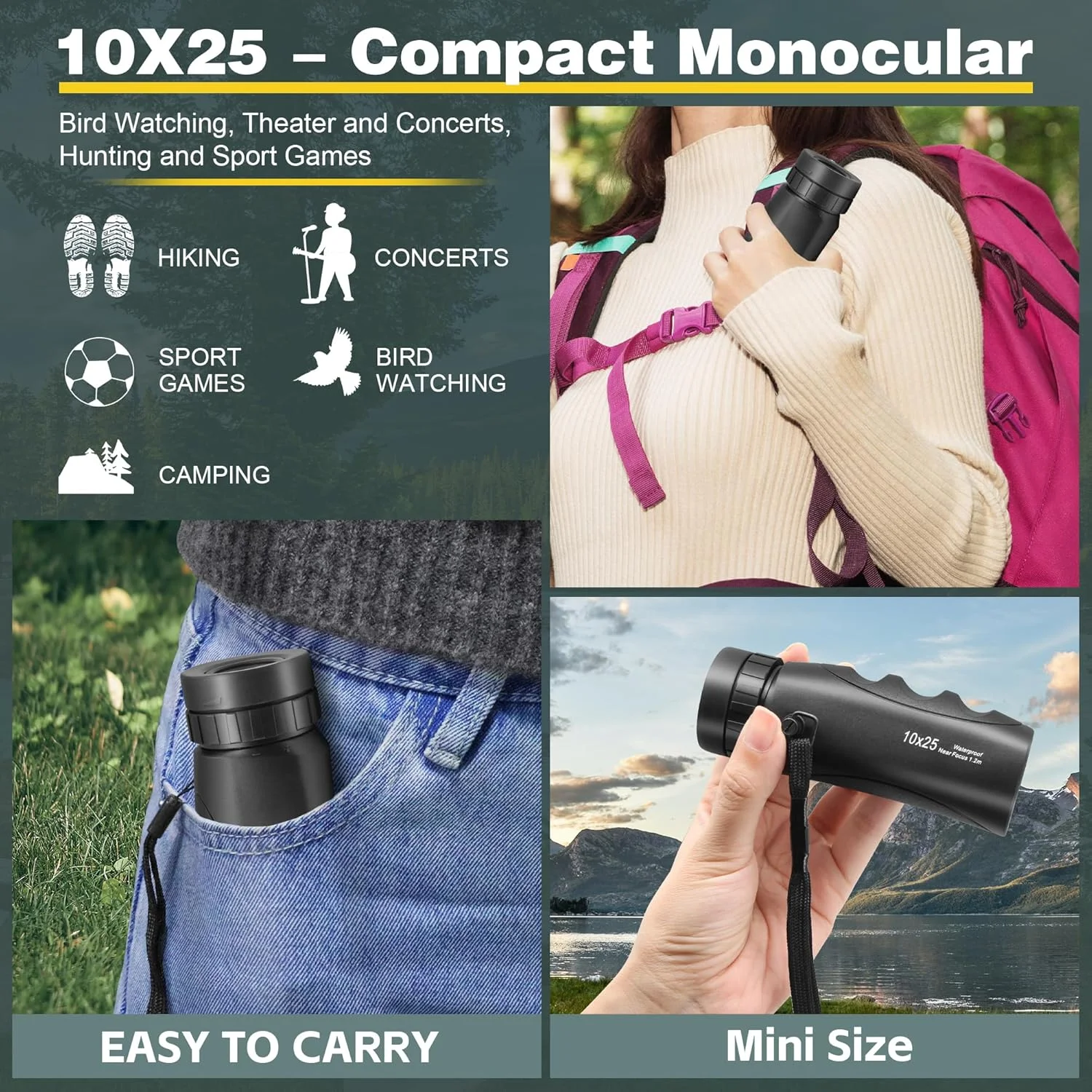 تلسکوپ تک چشمی کوچک و ضد آب - 10x25 با قدرت بالا - همراه با دستمال تمیز کننده، کیف و بند گردنی، مشکی تلسکوپ تک چشمی کوچک و ضد آب - 10x25 با قدرت بالا - همراه با دستمال تمیز کننده، کیف و بند گردنی، مشکی