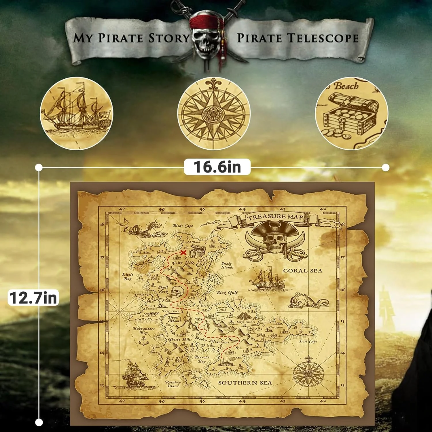 تلسکوپ دزدان دریایی رترو با قابلیت بزرگنمایی به همراه نقشه گنج 25x30، تک چشمی قابل حمل و تاشو، مناسب کودکان و تجهیزات بقا تلسکوپ دزدان دریایی رترو با قابلیت بزرگنمایی به همراه نقشه گنج 25x30، تک چشمی قابل حمل و تاشو، مناسب کودکان و تجهیزات بقا