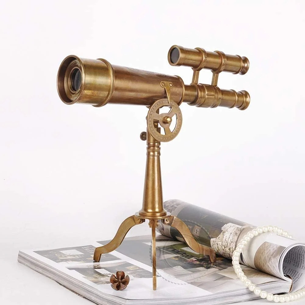 تلسکوپ تزئینی رومیزی رترو، تلسکوپ برنجی خالص رترو با پایه برای هدیه، مناسب دکوراسیون منزل و اتاق مطالعه، طراحی زیبا