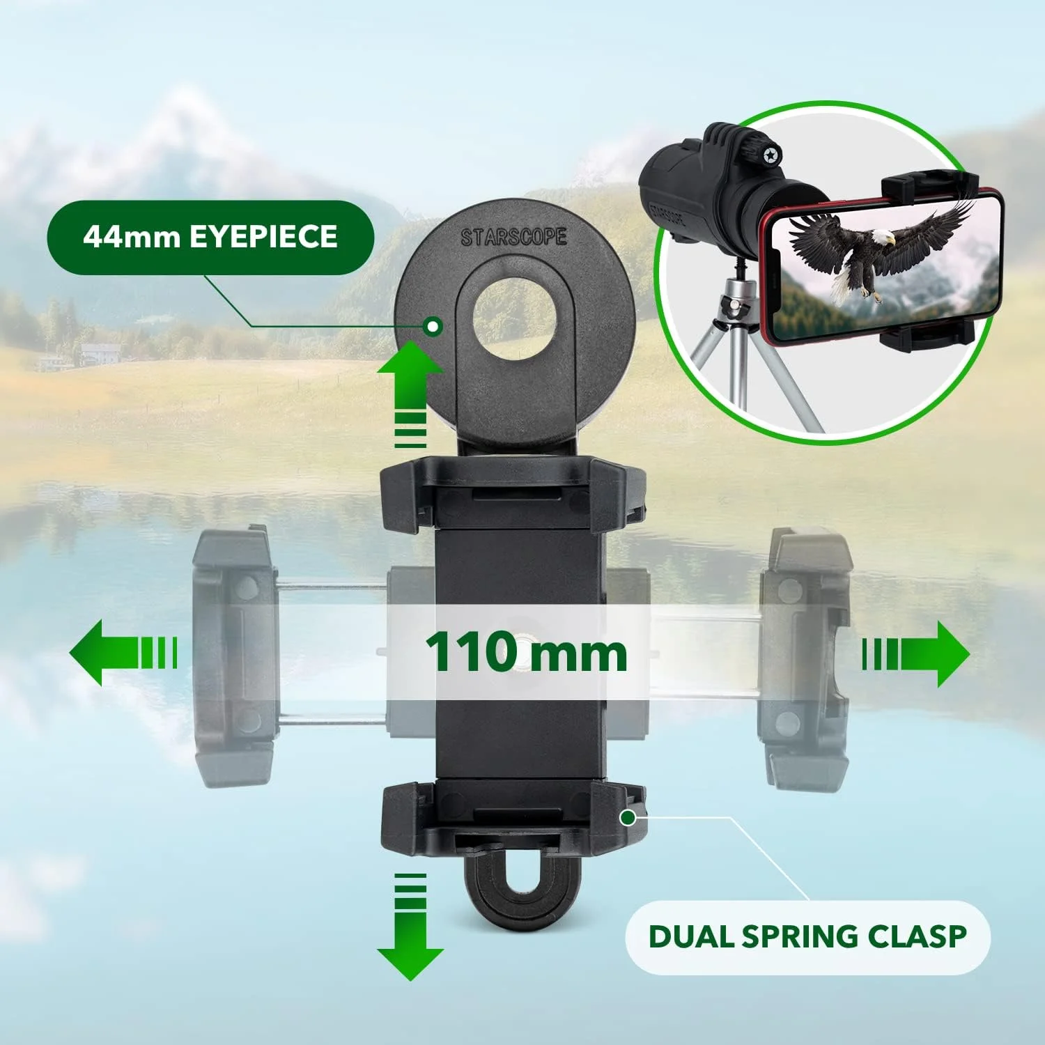 تلسکوپ تک چشمی استارسکوپ به همراه پایه تلفن همراه - تک چشمی 10x42 قدرتمند برای بزرگسالان به همراه آداپتور تلفن | مناسب برای تماشای پرندگان، شکار، پیاده روی | لنز BAK4 Prism FMC، ضد آب
