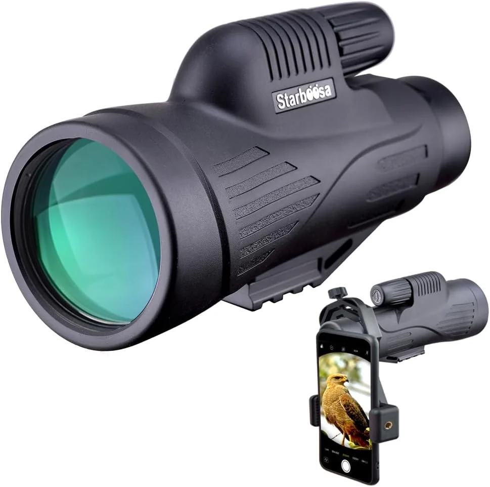 تلسکوپ تک چشمی 12x50 با کیفیت بالا به همراه نگهدارنده تلفن هوشمند - ضد آب با منشور BAK4 بادوام و شفاف برای تماشای پرندگان، حیات وحش، شکار، کمپینگ و پیاده روی