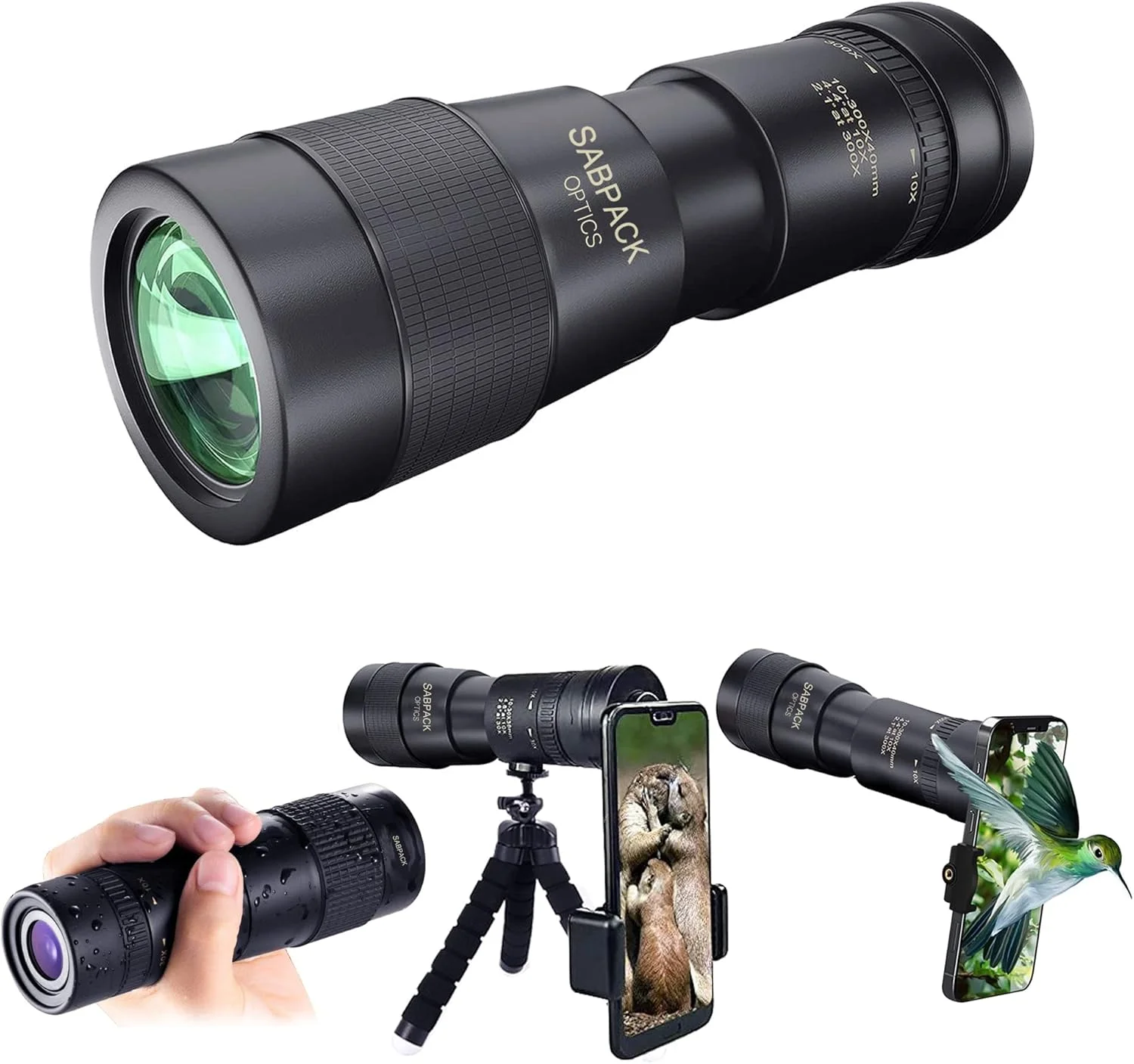 تک چشمی زوم 40-10X با هولدر و سه پایه، منشور BAK4، ضد آب، ضد مه، سبز