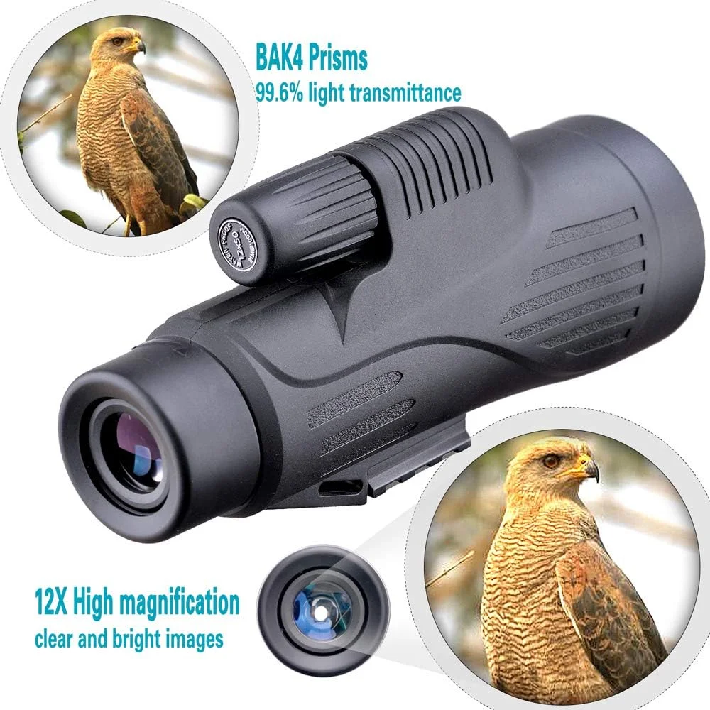 تلسکوپ تک چشمی 12x50 با کیفیت بالا به همراه نگهدارنده تلفن هوشمند - ضد آب با منشور BAK4 بادوام و شفاف برای تماشای پرندگان، حیات وحش، شکار، کمپینگ و پیاده روی