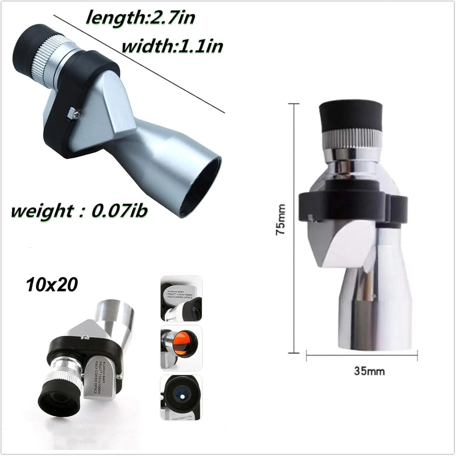 تلسکوپ تک چشمی جمع و جور برای بزرگسالان، مینی تک چشمی دستی قابل حمل با آداپتور تلفن هوشمند، ایده آل برای تماشای پرندگان، ماهیگیری، مسافرت و مناظر.