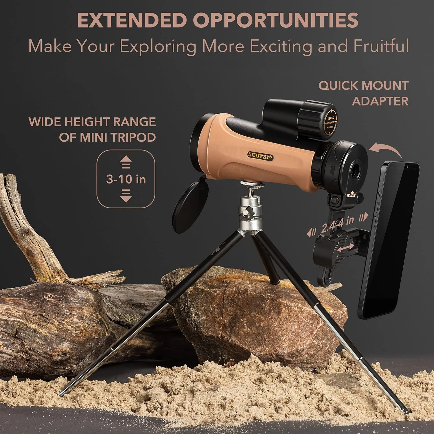 تلسکوپ تک چشمی 12x50 - ضد مه FMC، تلسکوپ دستی ضد آب IP67 - منشور BAK4 با پوشش فاز و دی الکتریک - مجموعه لوازم جانبی ماجراجویی: کیف، آداپتور تلفن هوشمند، سه پایه کوچک