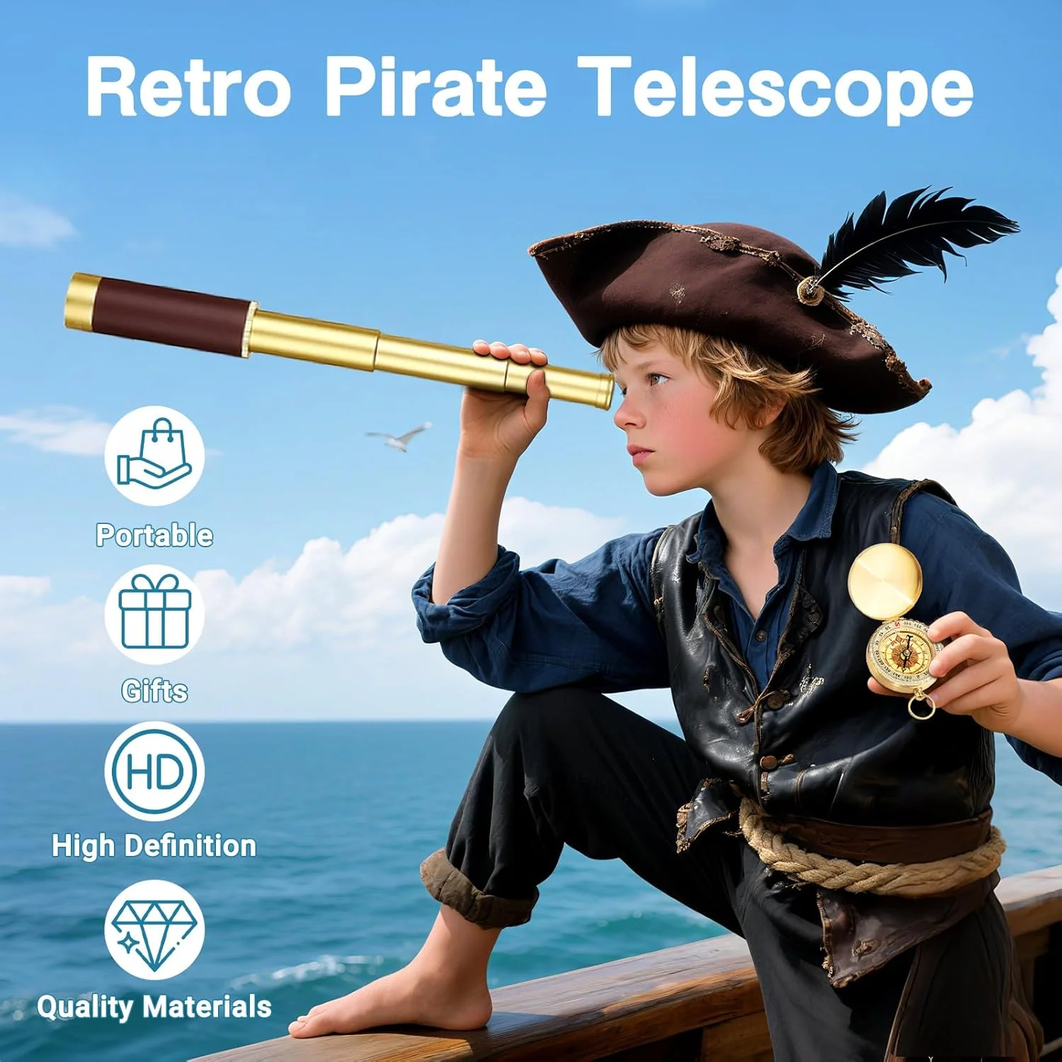 تلسکوپ دزدان دریایی یک چشمی زوم دار 25x30، تلسکوپ دستی تاشو قابل حمل، تک چشمی قدیمی برای کودکان و قطب نما جیبی نظامی تجهیزات بقا برای قایق سواری کمپینگ