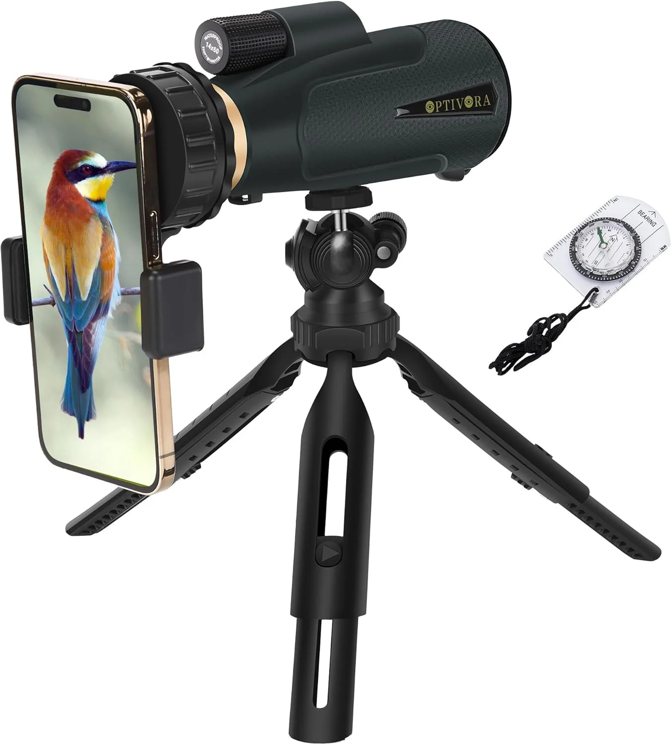 تک چشمی بزرگنمایی بالا برای بزرگسالان، تک اسکوپ 14x60 با قدرت بالا، تلسکوپ تک چشمی با آداپتور تلفن هوشمند و پایه سه پایه، تک اسکوپ مناسب برای تماشای پرندگان، کنسرت و غیره.