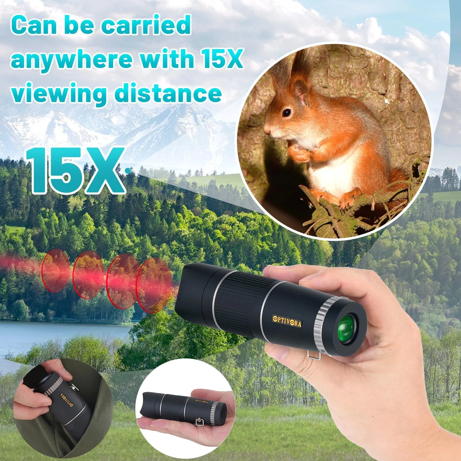 تلسکوپ مینی 15×32 برای بزرگسالان، اندازه جمع و جور، ایده آل برای استفاده به عنوان یک تک چشمی کوچک برای تماشای پرندگان، تلسکوپ جیبی برای بزرگسالان برای استفاده در فعالیت های فضای باز، همراه با آداپتور تلفن هوشمند