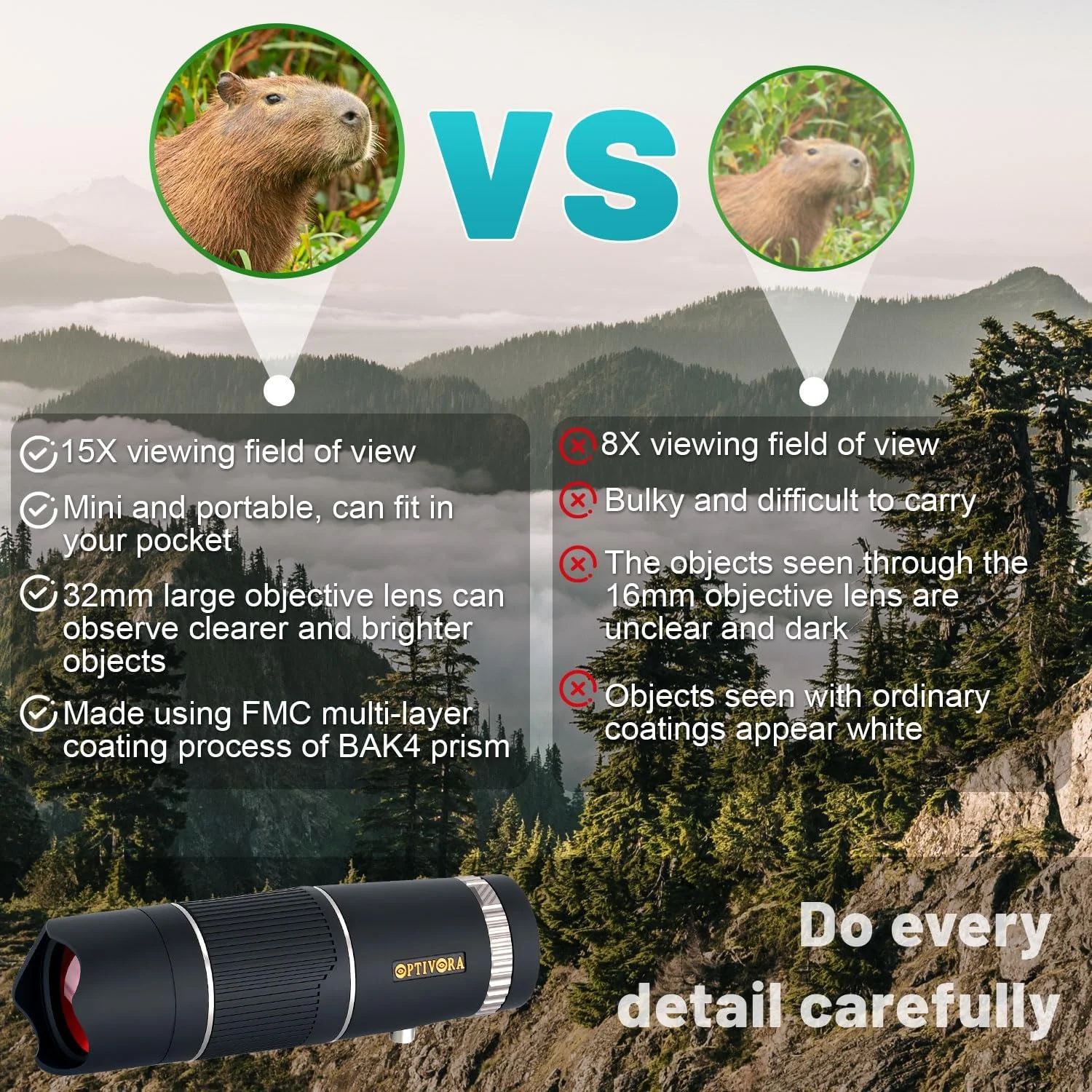 تلسکوپ مینی 15×32 برای بزرگسالان، اندازه جمع و جور، ایده آل برای استفاده به عنوان یک تک چشمی کوچک برای تماشای پرندگان، تلسکوپ جیبی برای بزرگسالان برای استفاده در فعالیت های فضای باز، همراه با آداپتور تلفن هوشمند