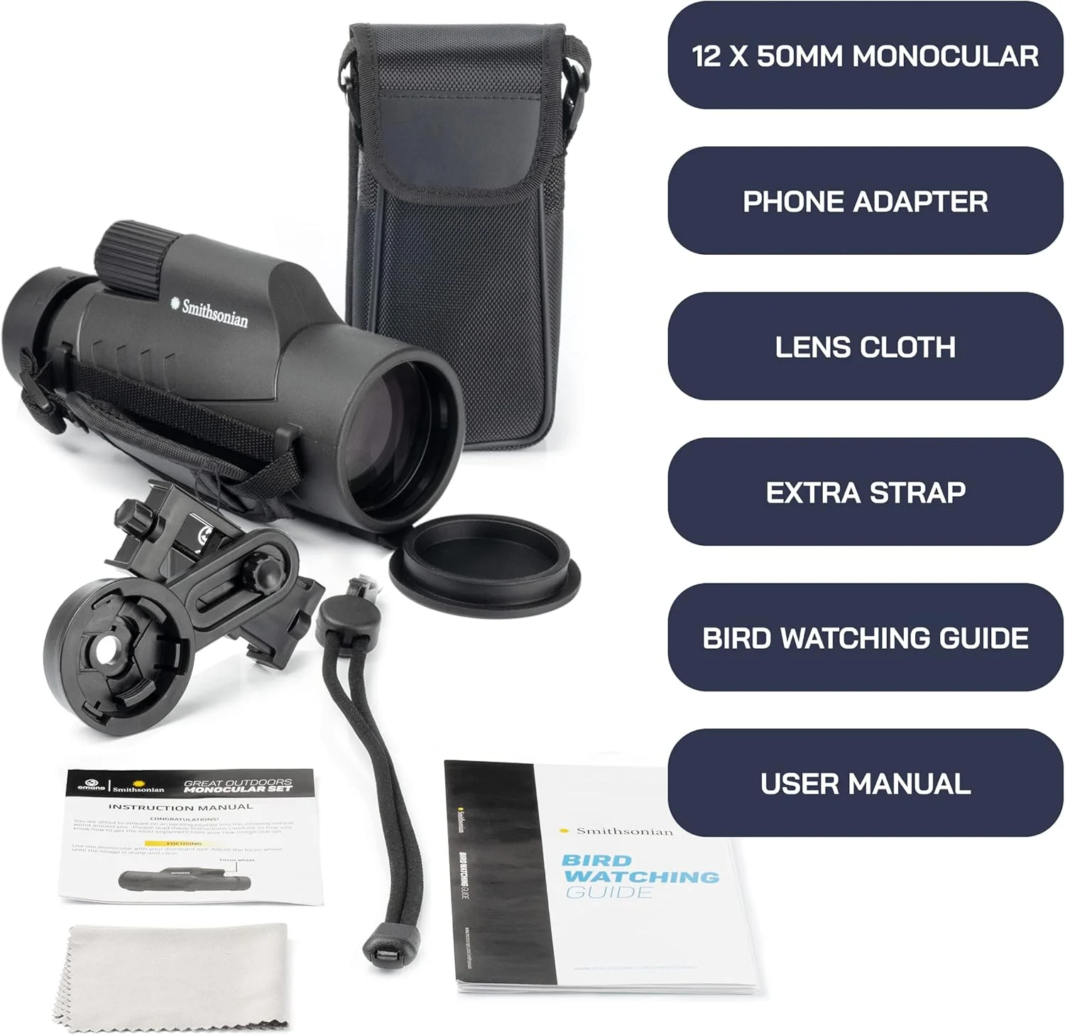 تلسکوپ تک چشمی 12x50 Omano Smithsonian با آداپتور تلفن هوشمند - تک چشمی برای بزرگسالان - تلسکوپ قدرتمند - تک چشمی ایده آل برای تماشای پرندگان و علاقه مندان به طبیعت - تلسکوپ تک چشمی HD