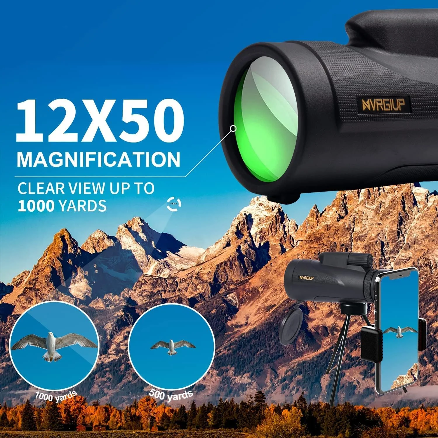 تلسکوپ تک چشمی 12X50، تک چشمی قدرتمند با نگهدارنده تلفن هوشمند و سه پایه، تلسکوپ زوم ضد آب، منشور BAK4 با فوکوس دوگانه برای شکار و تماشای پرندگان - مشکی