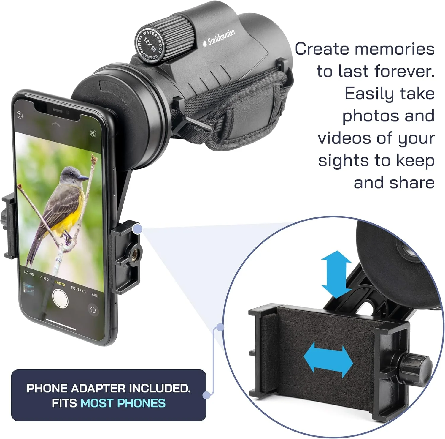 تلسکوپ تک چشمی 12x50 Omano Smithsonian با آداپتور تلفن هوشمند - تک چشمی برای بزرگسالان - تلسکوپ قدرتمند - تک چشمی ایده آل برای تماشای پرندگان و علاقه مندان به طبیعت - تلسکوپ تک چشمی HD