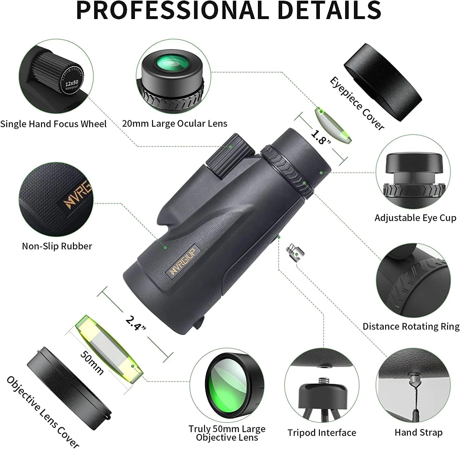 تلسکوپ تک چشمی 12X50، تک چشمی قدرتمند با نگهدارنده تلفن هوشمند و سه پایه، تلسکوپ زوم ضد آب، منشور BAK4 با فوکوس دوگانه برای شکار و تماشای پرندگان - مشکی