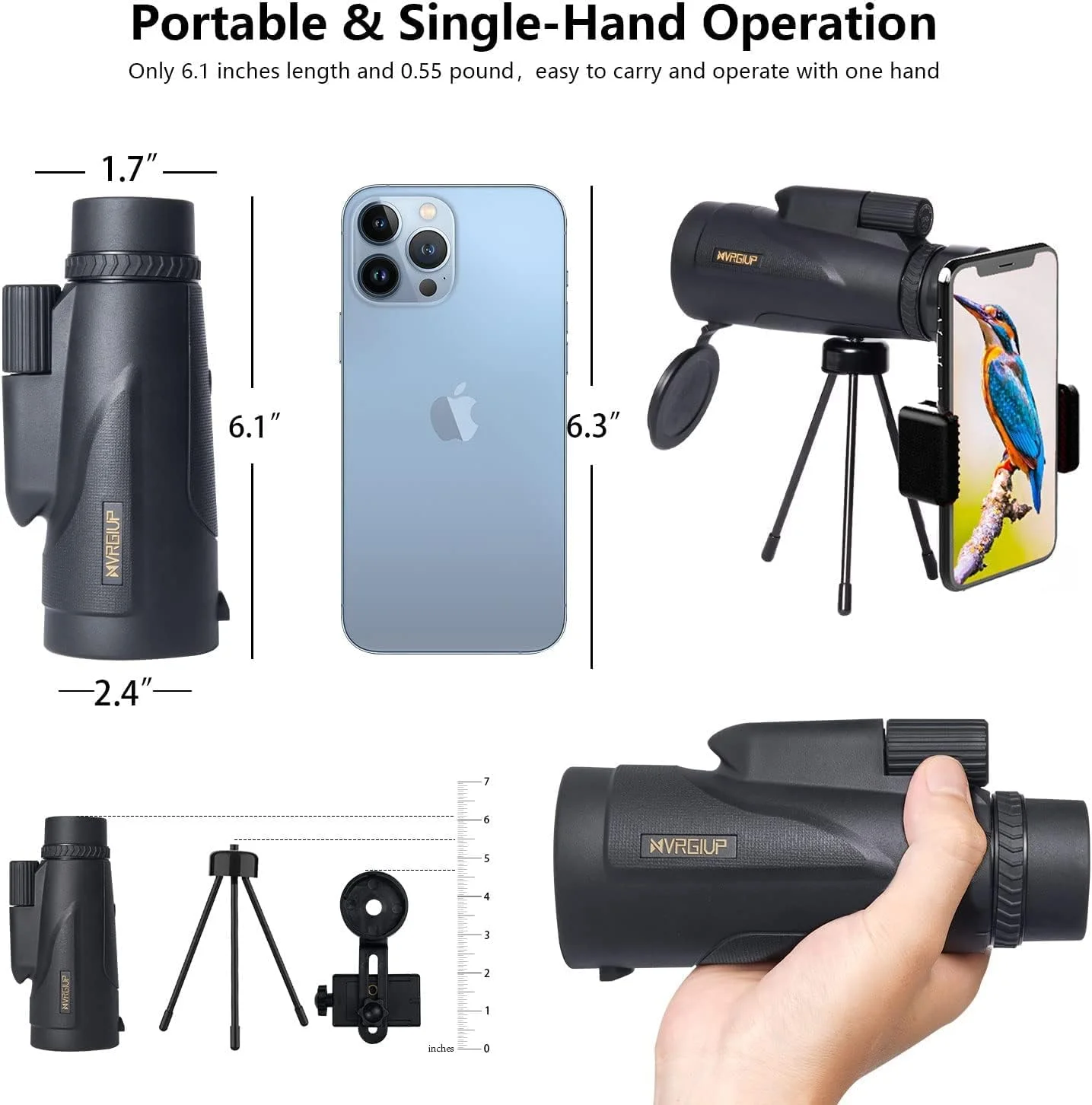 تلسکوپ تک چشمی 12X50، تک چشمی قدرتمند با نگهدارنده تلفن هوشمند و سه پایه، تلسکوپ زوم ضد آب، منشور BAK4 با فوکوس دوگانه برای شکار و تماشای پرندگان - مشکی