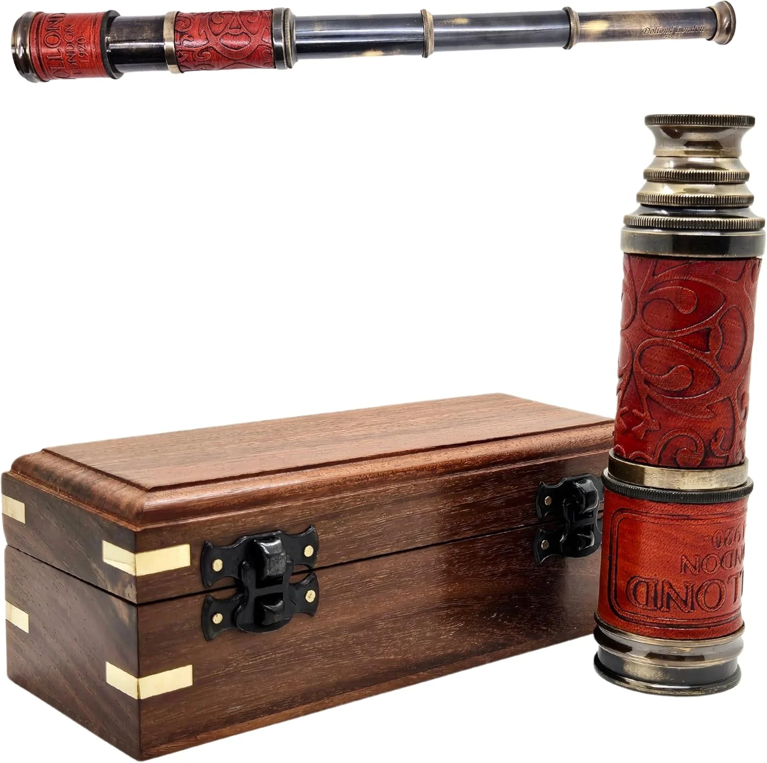 تلسکوپ برنجی دریایی دزدان دریایی 15 اینچی - تک چشمی تاشو با جعبه چوبی، تلسکوپ قدیمی برای پیاده روی، کمپینگ، ماجراجویی در فضای باز، ناوبری، کلکسیونی، اکتشافات دریایی، لوازم سفر