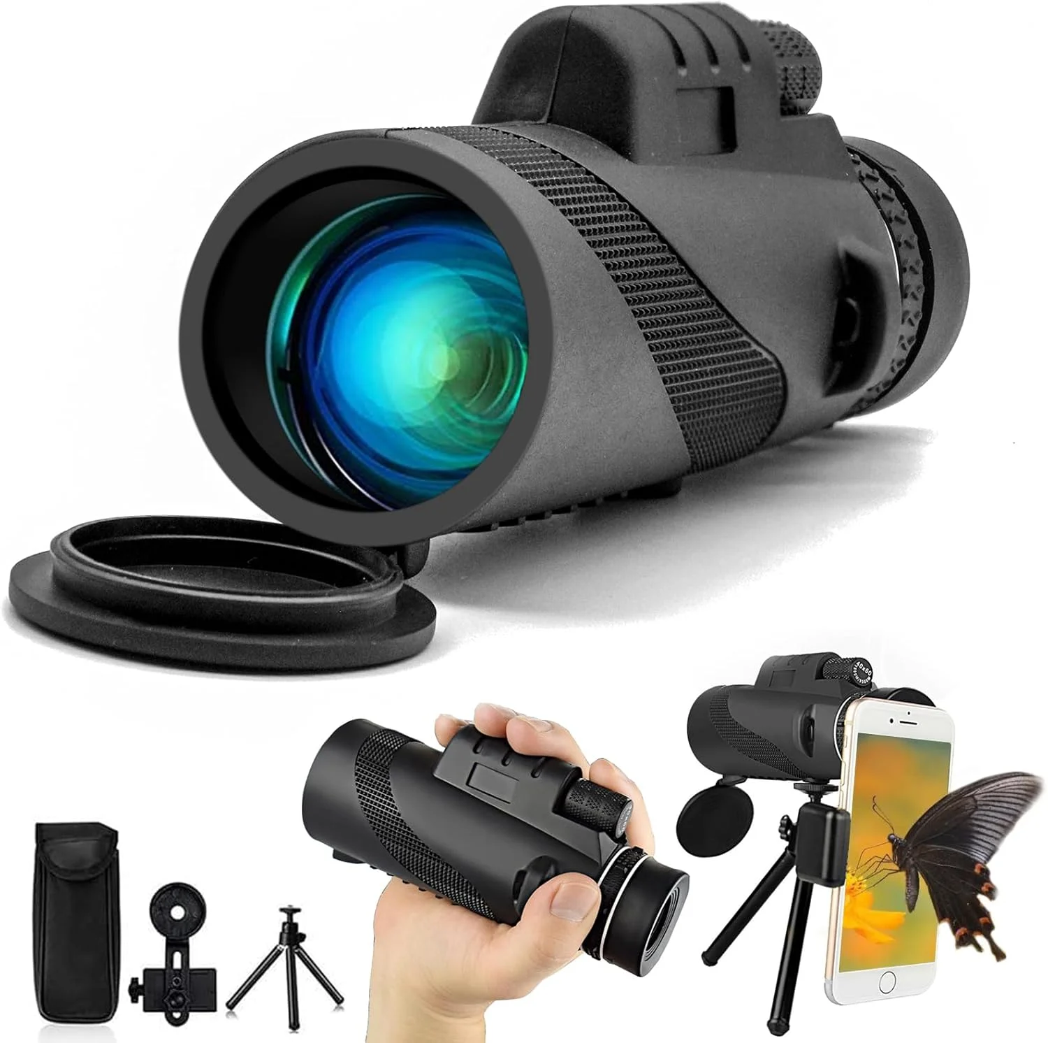 تک چشمی 40x60 بزرگسالان با قدرت بالا به همراه آداپتور تلفن هوشمند و سه پایه، مجهز به منشور BAK4 برای تماشای حیوانات، پرندگان، پیاده روی و مسافرت