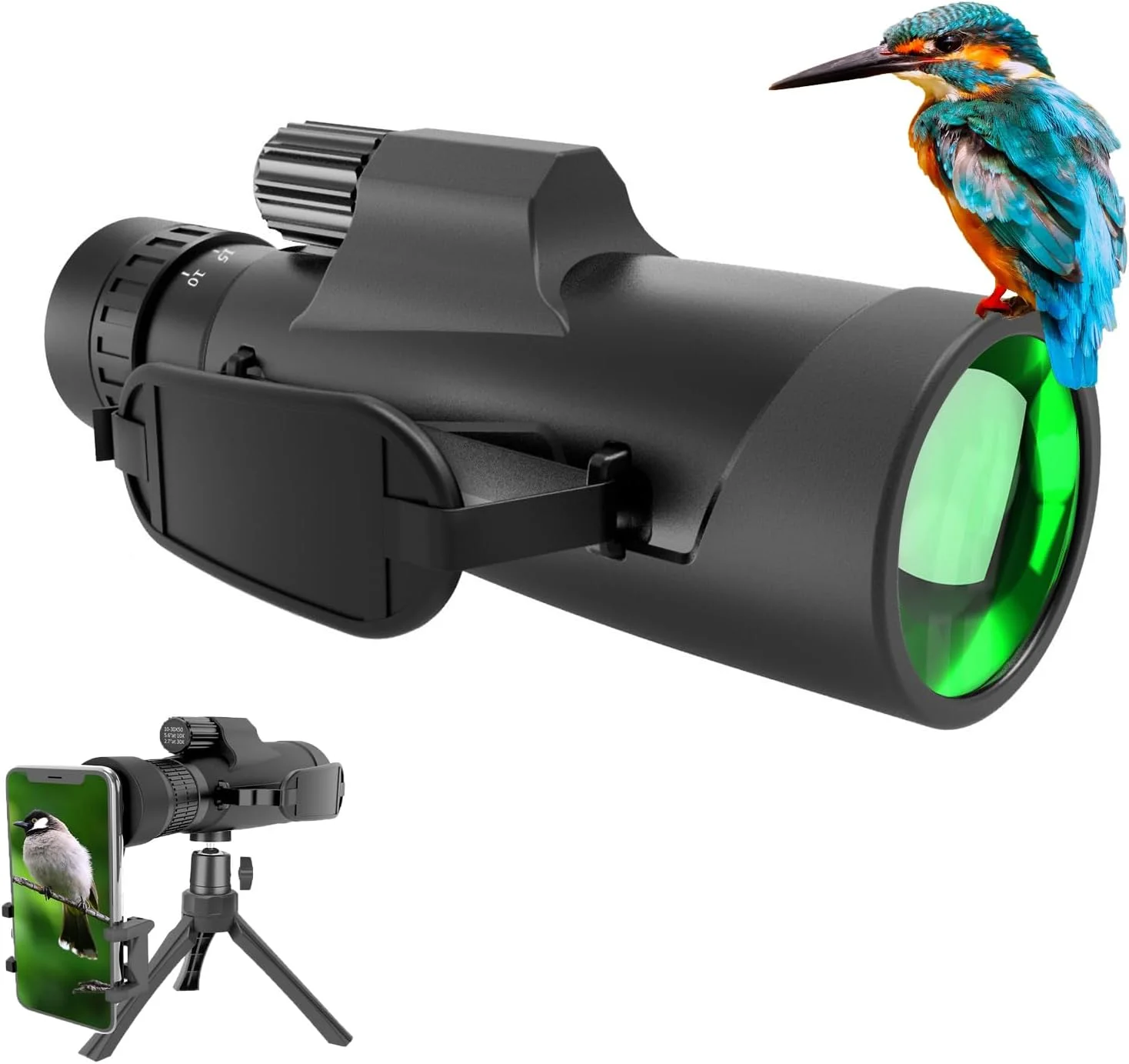 تلسکوپ تک چشمی زوم دار 10-30X50، ضد آب، قابل حمل، منشور BAK-4، لنز FMC، قدرت بالا، دید واضح در نور کم، به همراه آداپتور و سه پایه مقاوم برای شکار، پیاده روی، کمپینگ، هدیه برای آقایان