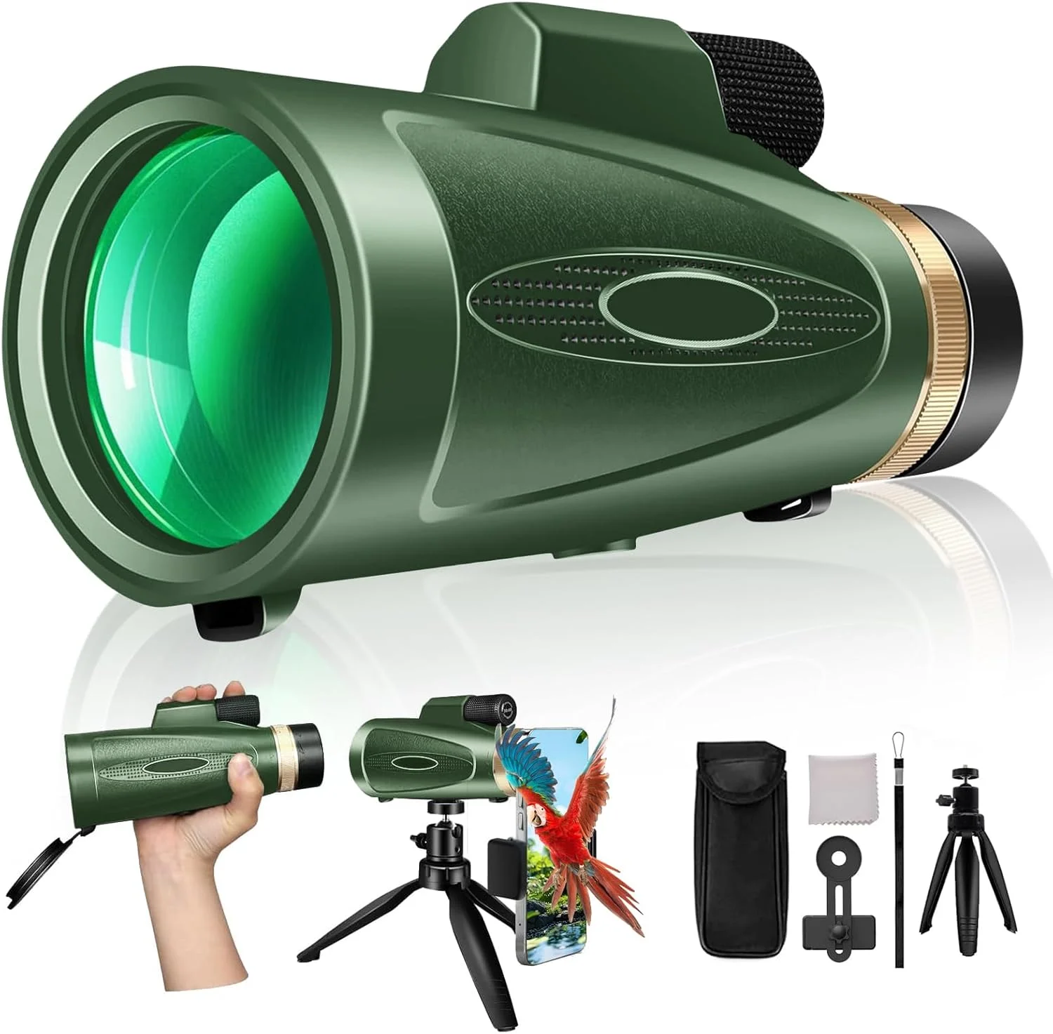 تلسکوپ تک چشمی 80x100 قدرت بالا با آداپتور تلفن هوشمند و سه پایه، تک چشمی میدان دید گسترده برای بزرگسالان با منشور BAK4 و لنز FMC، برای تماشای پرندگان، شکار، پیاده روی، کمپینگ و حیات وحش - سبز