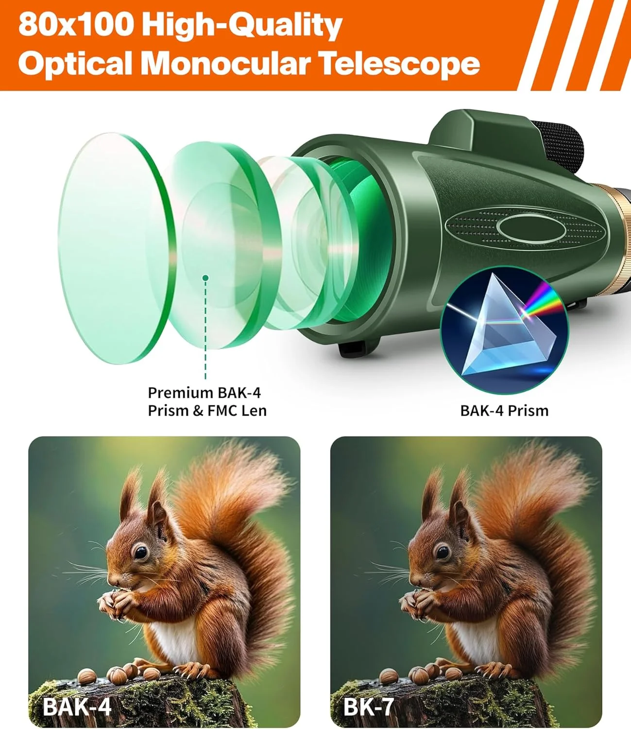 تلسکوپ تک چشمی 80x100 با قدرت بالا به همراه آداپتور تلفن هوشمند و سه پایه، تک چشمی با دید بزرگتر برای بزرگسالان با منشور BAK4 و لنز FMC، مناسب برای تماشای پرندگان، شکار، پیاده روی، کمپینگ و حیات وحش - سبز