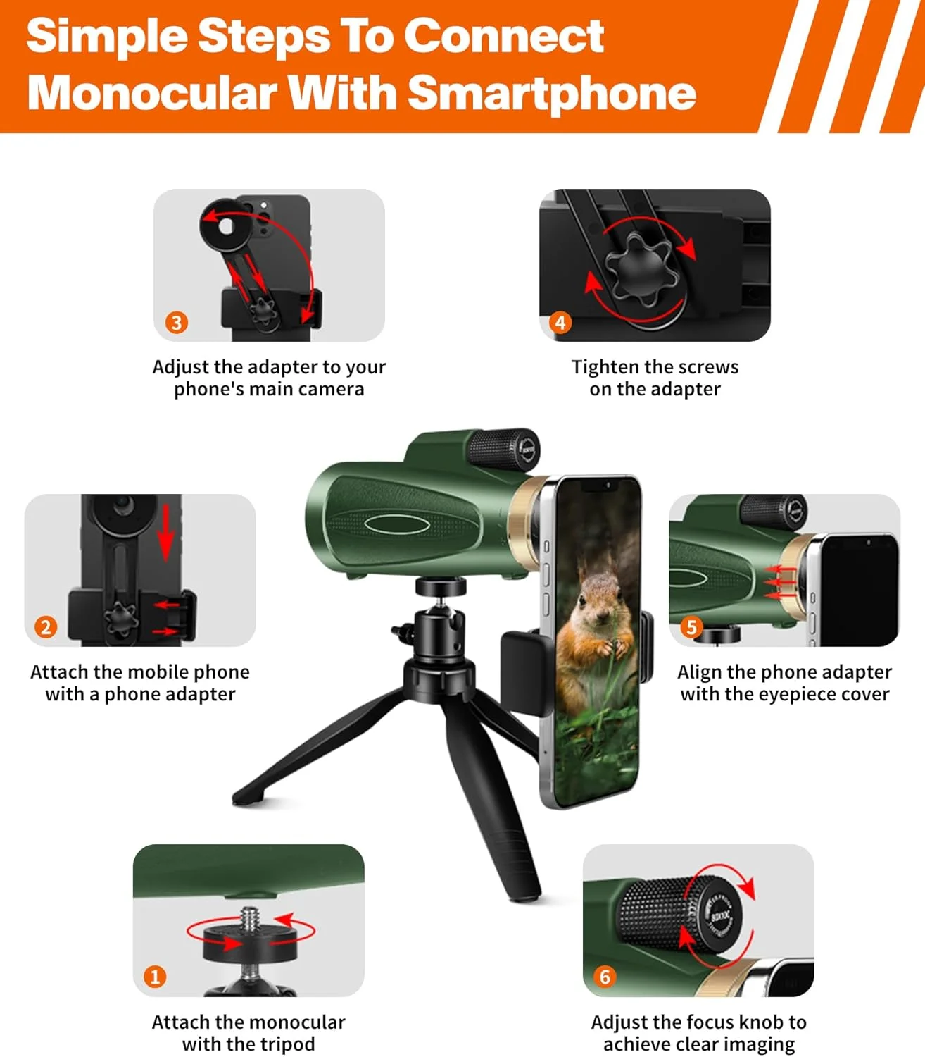 تلسکوپ تک چشمی 80x100 قدرت بالا با آداپتور تلفن هوشمند و سه پایه، تک چشمی میدان دید گسترده برای بزرگسالان با منشور BAK4 و لنز FMC، برای تماشای پرندگان، شکار، پیاده روی، کمپینگ و حیات وحش - سبز
