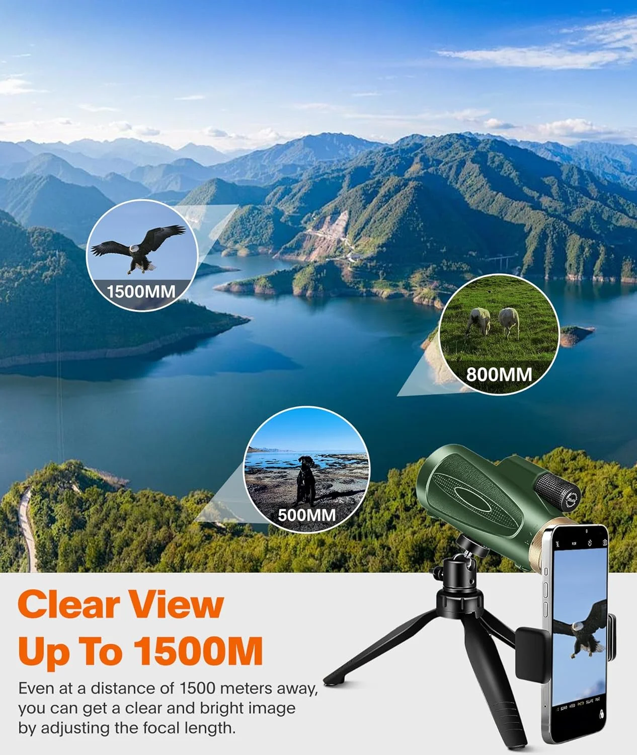 تلسکوپ تک چشمی 80x100 با قدرت بالا به همراه آداپتور تلفن هوشمند و سه پایه، تک چشمی با دید بزرگتر برای بزرگسالان با منشور BAK4 و لنز FMC، مناسب برای تماشای پرندگان، شکار، پیاده روی، کمپینگ و حیات وحش - سبز